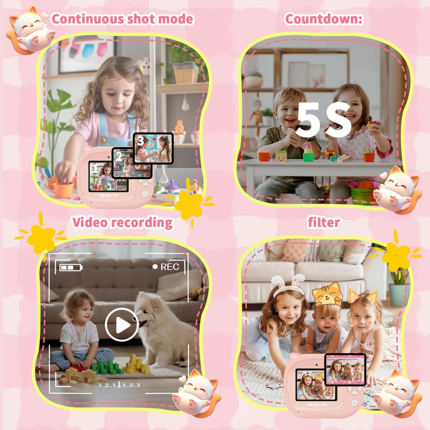 Rongta Kids Camera Instant Print, 1080P Kids Instant Cameras That Print Photos, Christmas Birthday Gifts for Girls Age 3-12, Video Camera Portable Toy for 3 4 5 6 7 8 9 10 Year Old Kids Girls(Pink)