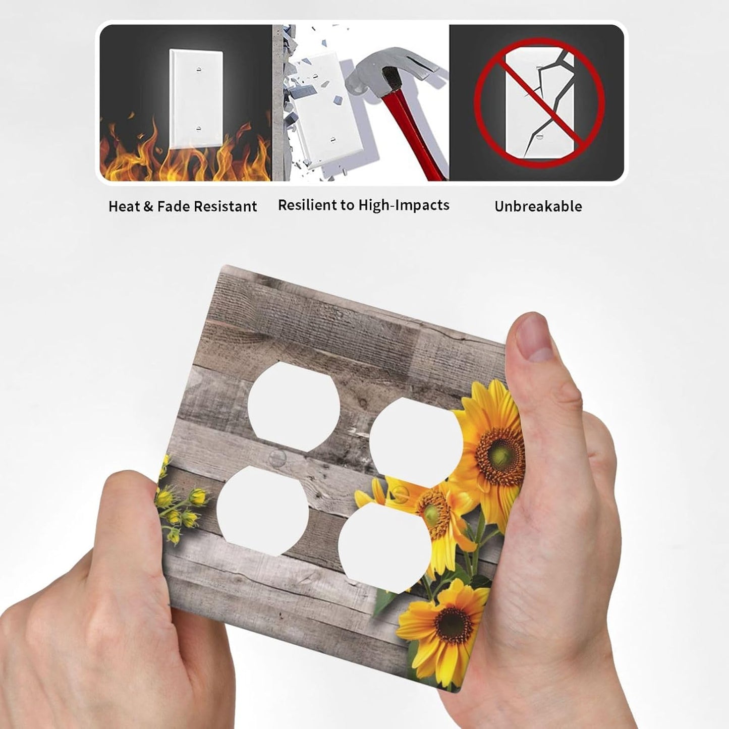 Sunflower Rustic Brown Gray Wood Outlet Covers 2 Gang Double Duplex Decorative Light Switch Covers Electrical Wallplates Socket Faceplate for Farmhouse Home Decor