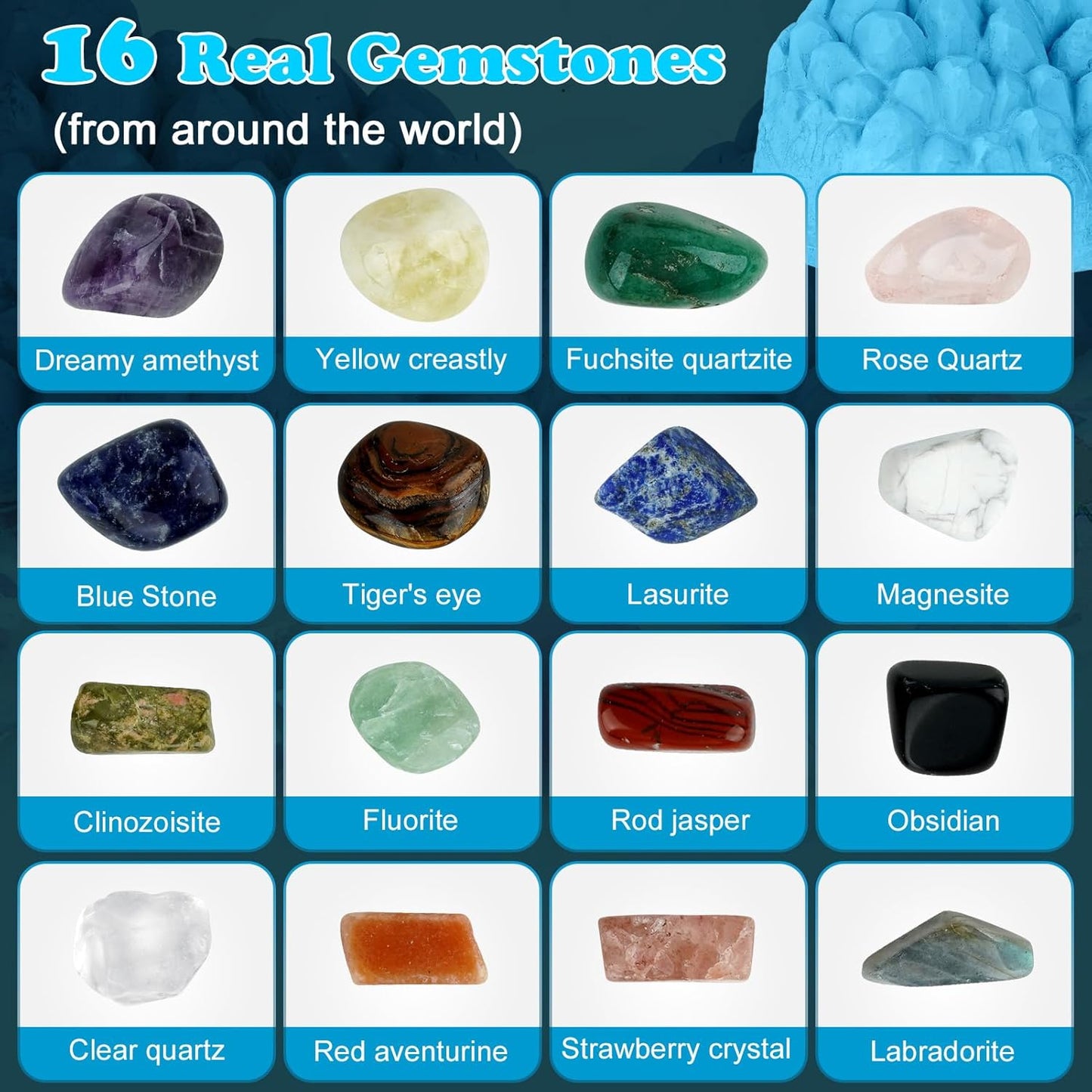 Gemstone Dig Kit (Unique Shape),Great STEM Science Kit for Kids- Excavate Your Own 16 Real Gemstones,Educational DIY Toys,Gem Digging Kit,Archaeology Geology Gifts for Boys & Girls Ages 6+