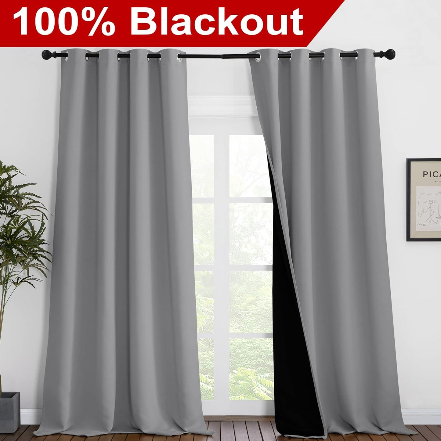 NICETOWN Total Shade Curtains and Draperies, Heavy-Duty Full Light Shading Drapes with Black Liner Backing for Villa/Hall/Dorm Window（Silver Grey, Package of 2 Panels, 55 inches Wide x 96 inches Long