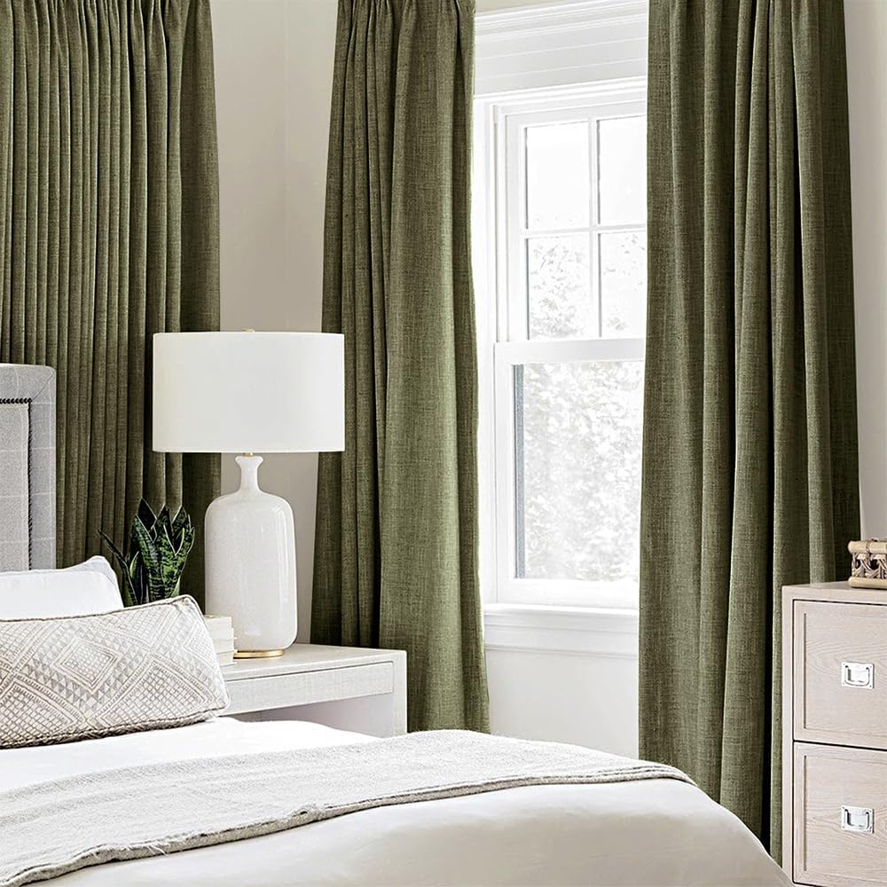 MIULEE Linen Texture Curtains for Bedroom Solid 100% Blackout Thermal Insulated Light Olive Green Curtains Grommet Room Darkening Drapes for Living Room Nursery 52x90 Inch (2 Panels)