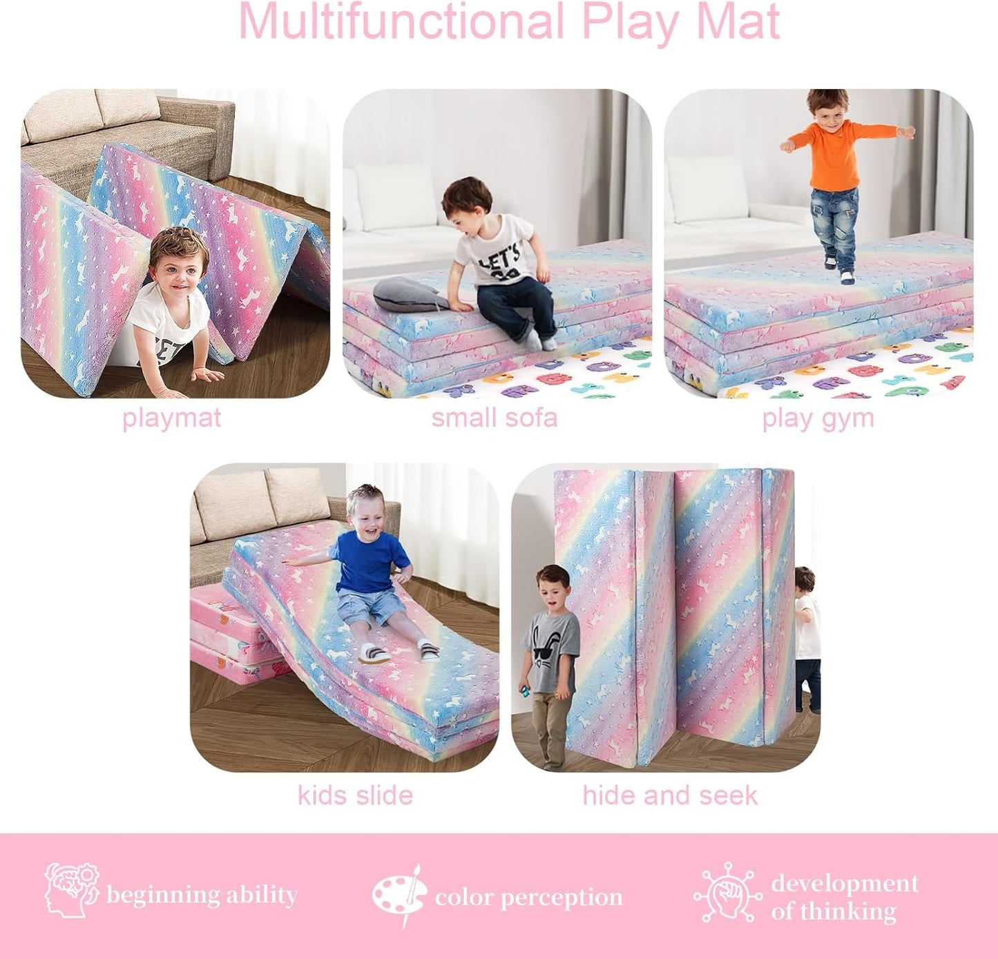 MeMoreCool Kids Floor Futon Mattress Large 6x4 FT, Thicken Foam Tatami Mattress for Children Play Area, Foldable Sleeping Pad Crawling Tatami Mat for Playroom, Rainbow Unicorn