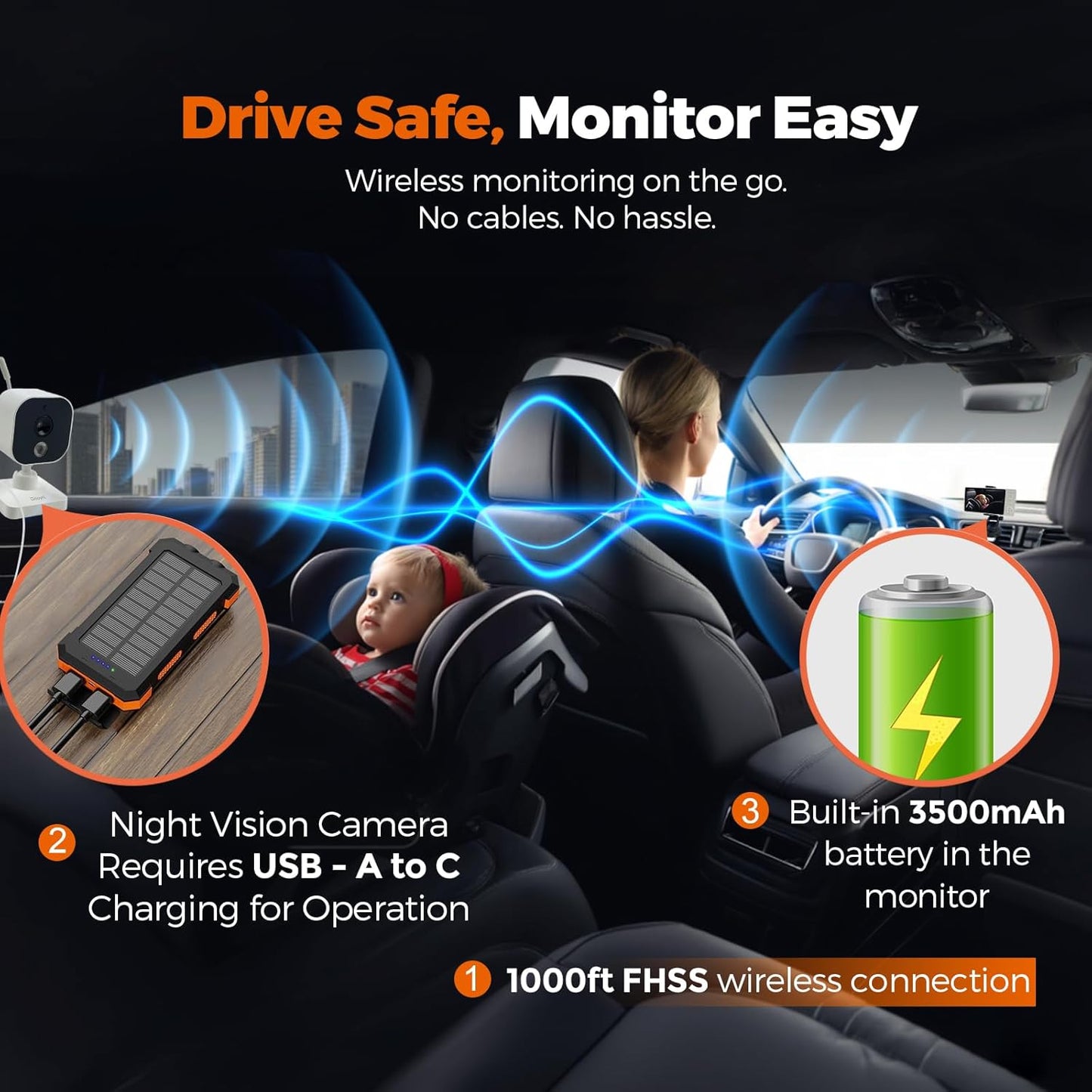 Wireless Baby Car Camera Monitor 5" HD 1080P IPS, 360° Rotating Camera with Auto/Manual Night Vision, 1000ft Range, Anti-Glare Display & USB Charging for Backseat, Home, Travel，Camping