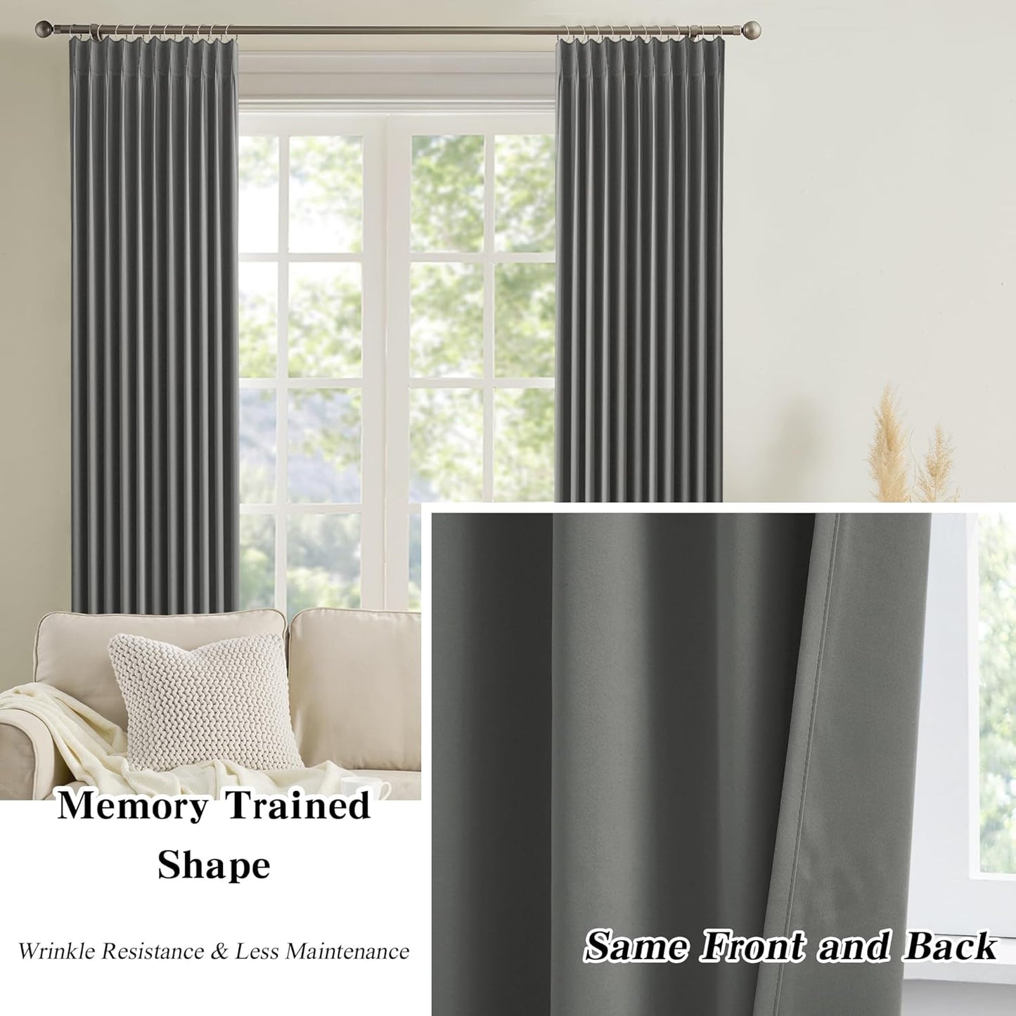 KEQIAOSUOCAI Grey Pinch Pleat Curtains & Drapes 144 Inches Long 2 Panels Set, Privacy Darkening Sound Dampening Window Treatment for Bedroom Vertical Draft Blackout Blinds for Living Room 40 by 144
