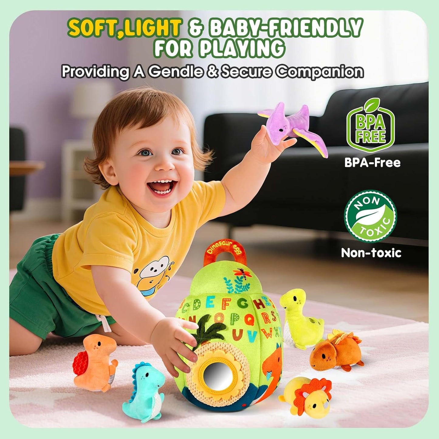 FREYBLI Baby Toys 6-12 Months - Soft Dinosaur Toy with Rattle, Crinkle Paper, Squeaker, Mirror - Baby Sensory Toys for 6 Month Old Developmental, Baby Montessori Toys for 1 Year Old Boy Girl Gifts