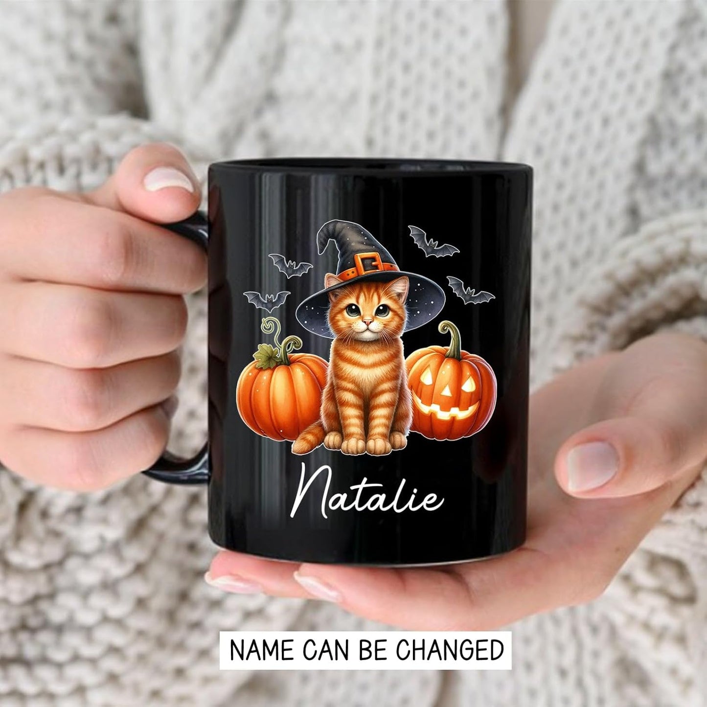 Custom Halloween Orange Tabby Coffee Cup, Personalized Name Orange Tabby with Pumpkins Ceramic Mug, Cat Witch Pumpkin Mug 11oz 15oz, Pet Cat Halloween Black Cup, Gift Idea for Pet Enthusiast