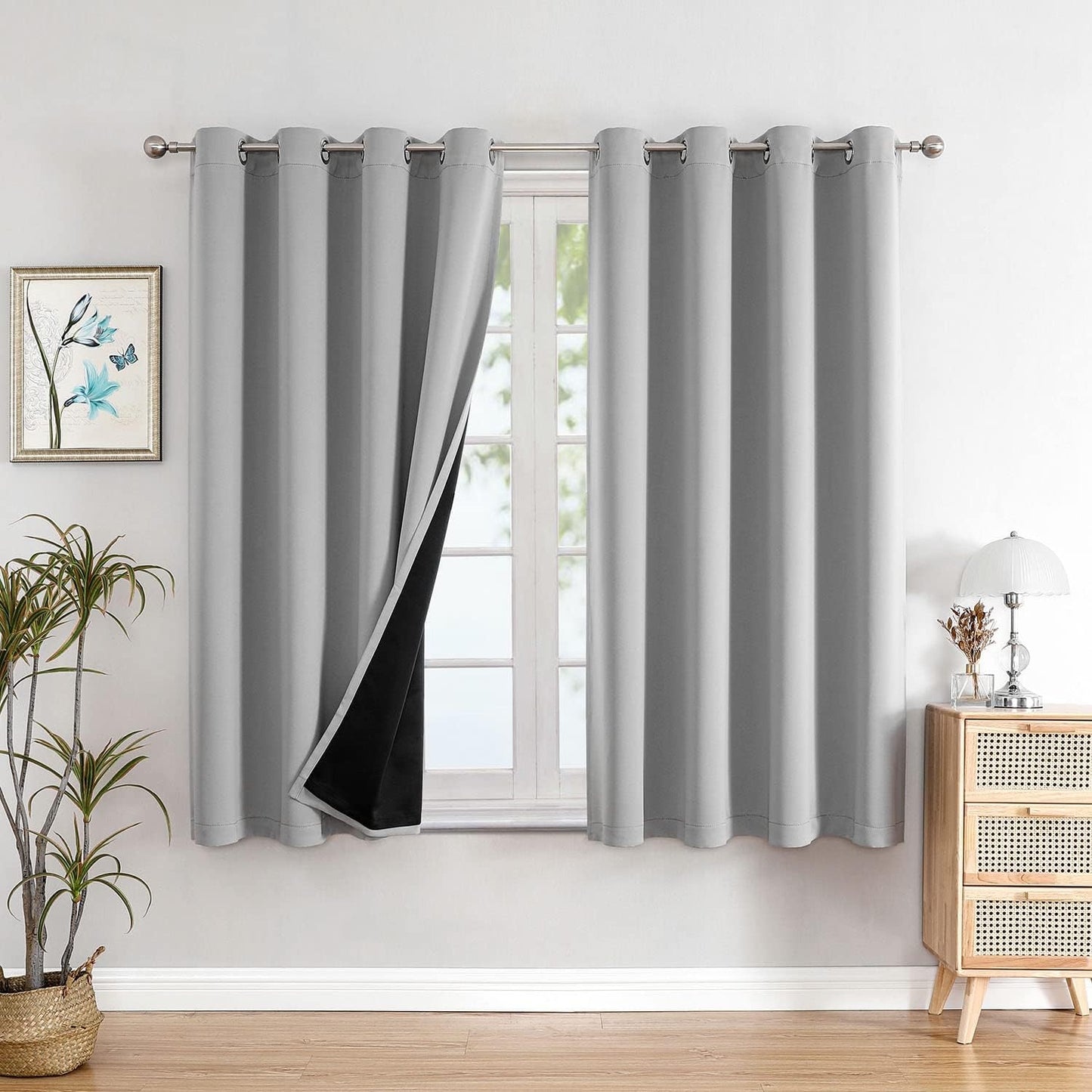 ChrisDowa 100% Blackout Curtains for Bedroom with Black Liner, 2 Thick Layers Total Blackout Thermal Insulated Grommet Window Curtains 63 Inch Length 2 Panels Set (Light Grey, 52 x 63 Inch)