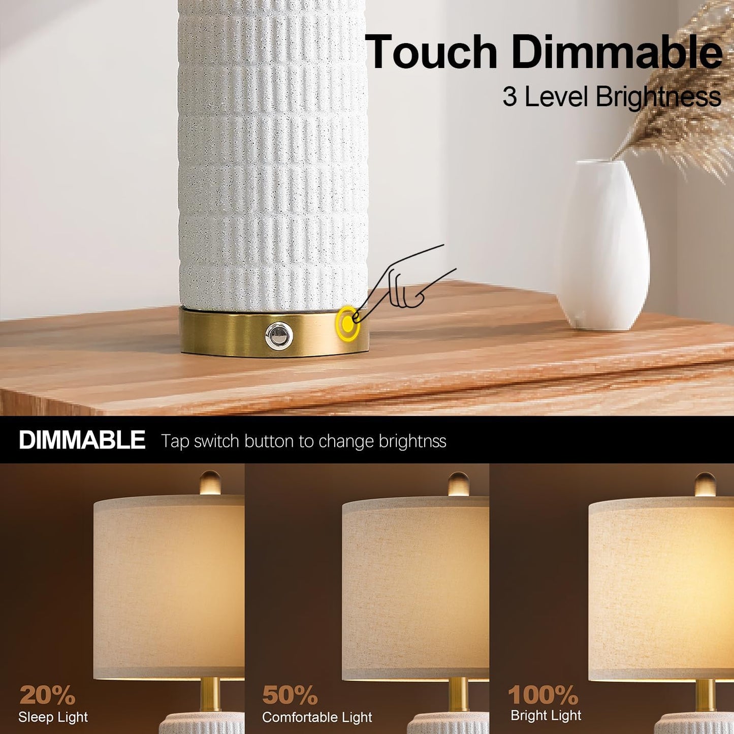 PoKat Touch Bedside Table Lamps with USB Ports for Bedroom, 25'' Dimmable Nightstand Touch Lamps for Night Stands, White Ceramic Lamps with Gold Base for Living Room End Side Table, Frosted White