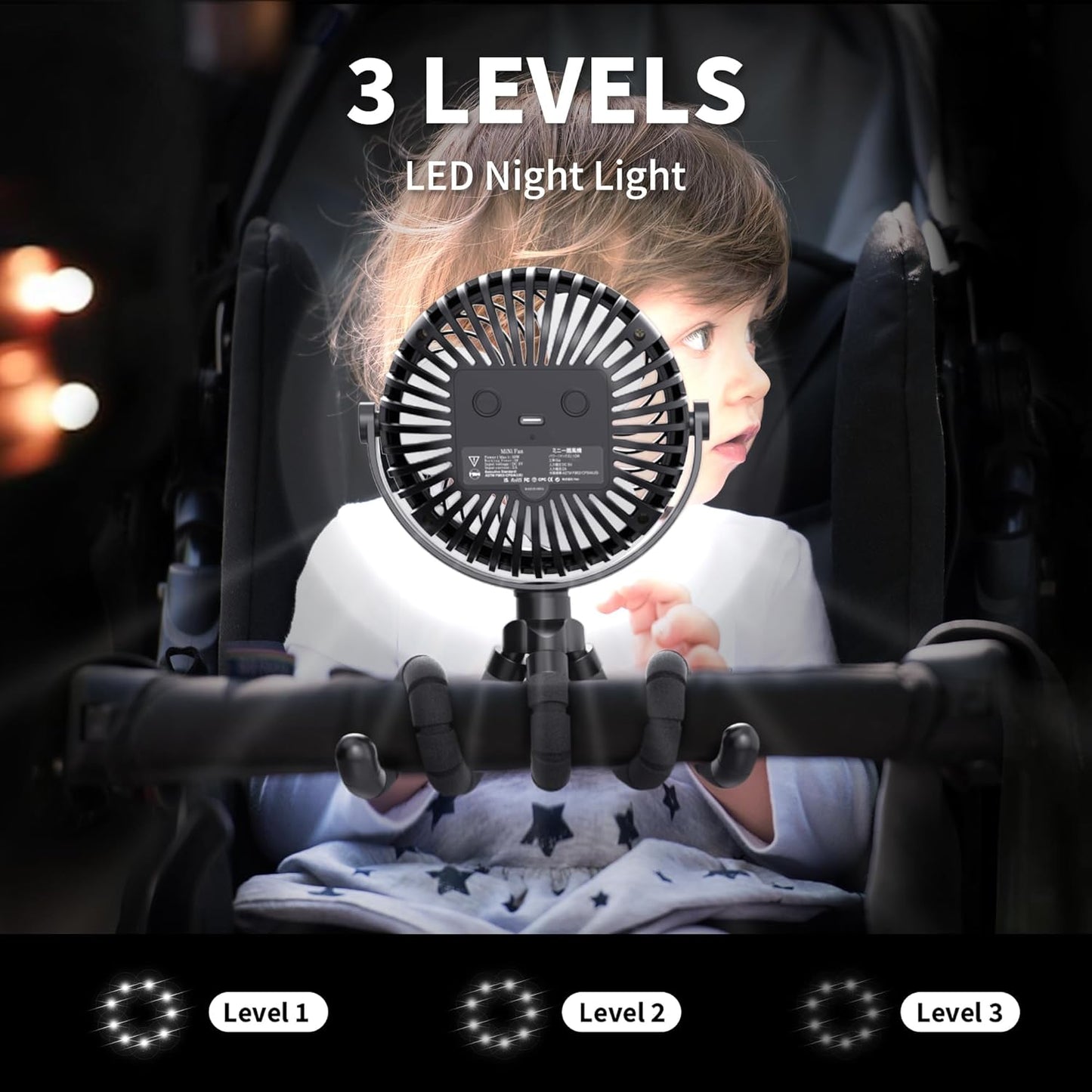 AMACOOL Battery Operated Stroller Fan Flexible Tripod Clip On Fan with 3 Speeds and Rotatable Handheld Personal Fans for Car Seat Crib Bike Treadmill (Black)