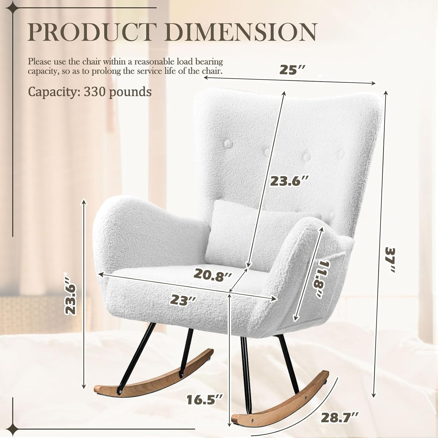 Waleaf Teddy Upholstered Rocking Chair, Indoor Glider with High Backrest, Padded Seat Nursing Chair for Bedroom (Ivory)