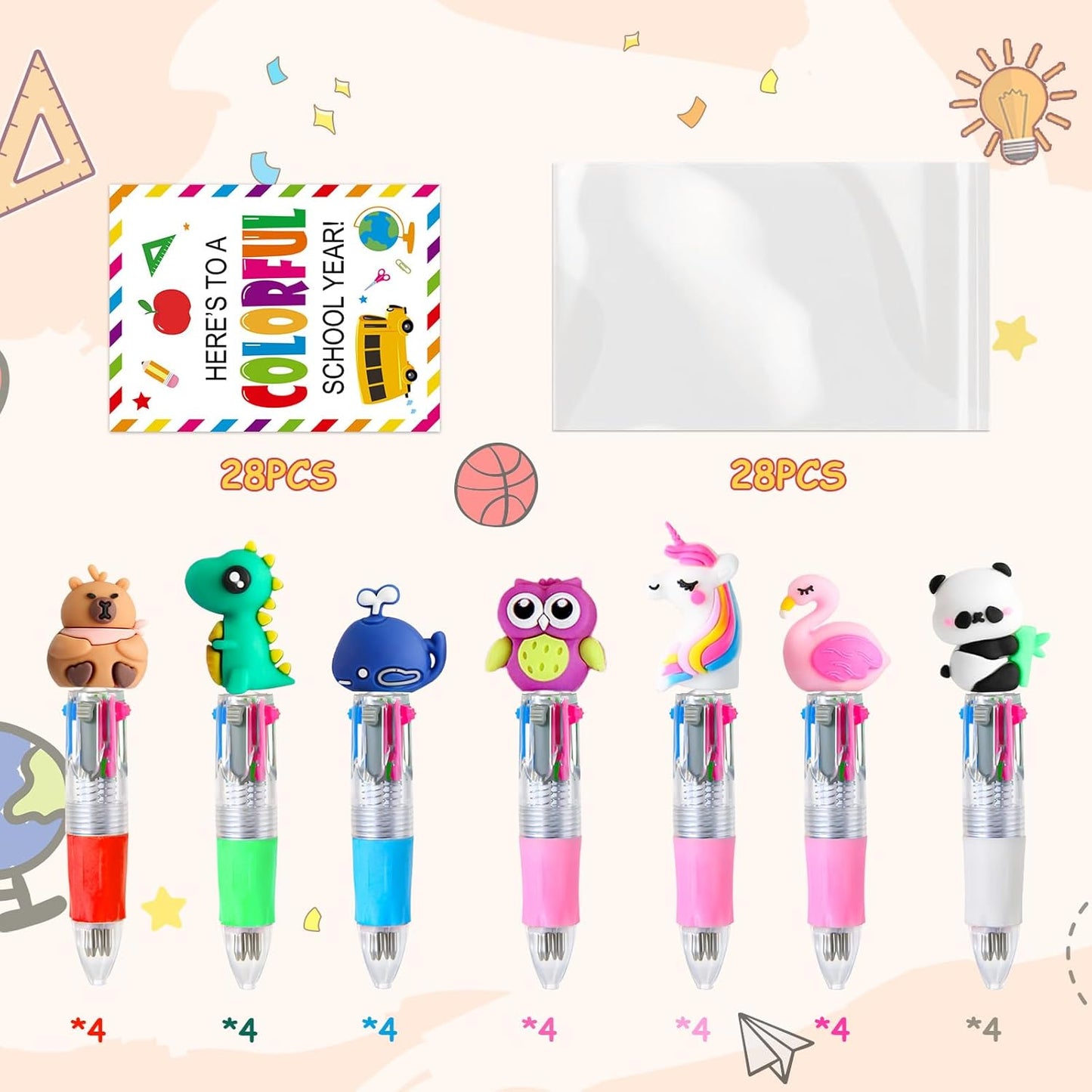 28 Set Back to School Gifts,28 Multicolor Animals 4-in-1 Fun Pens, 28 Welcome Cards and 28 Gift Bags First Day of School Gift for Welcome Back To School Student Gift Bulk Office School Exchange Gifts