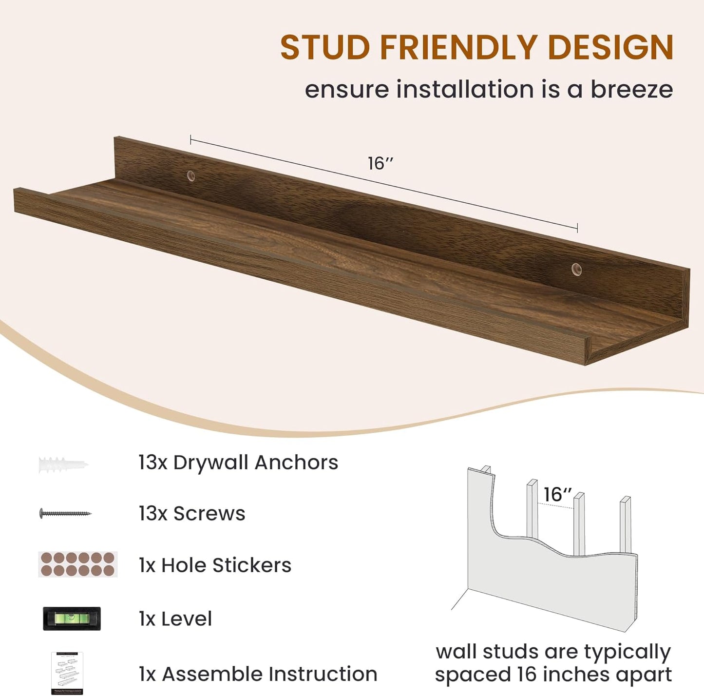 Axeman Picture Ledge Shelf, Floating Shelves for Wall Decor Storage Set of 6, 24 inch Floating Wall Mounted Shelves, Wall Shelves with Lip for Living Room, Bedroom, Nursery, Bathroom, Kitchen, Walnut