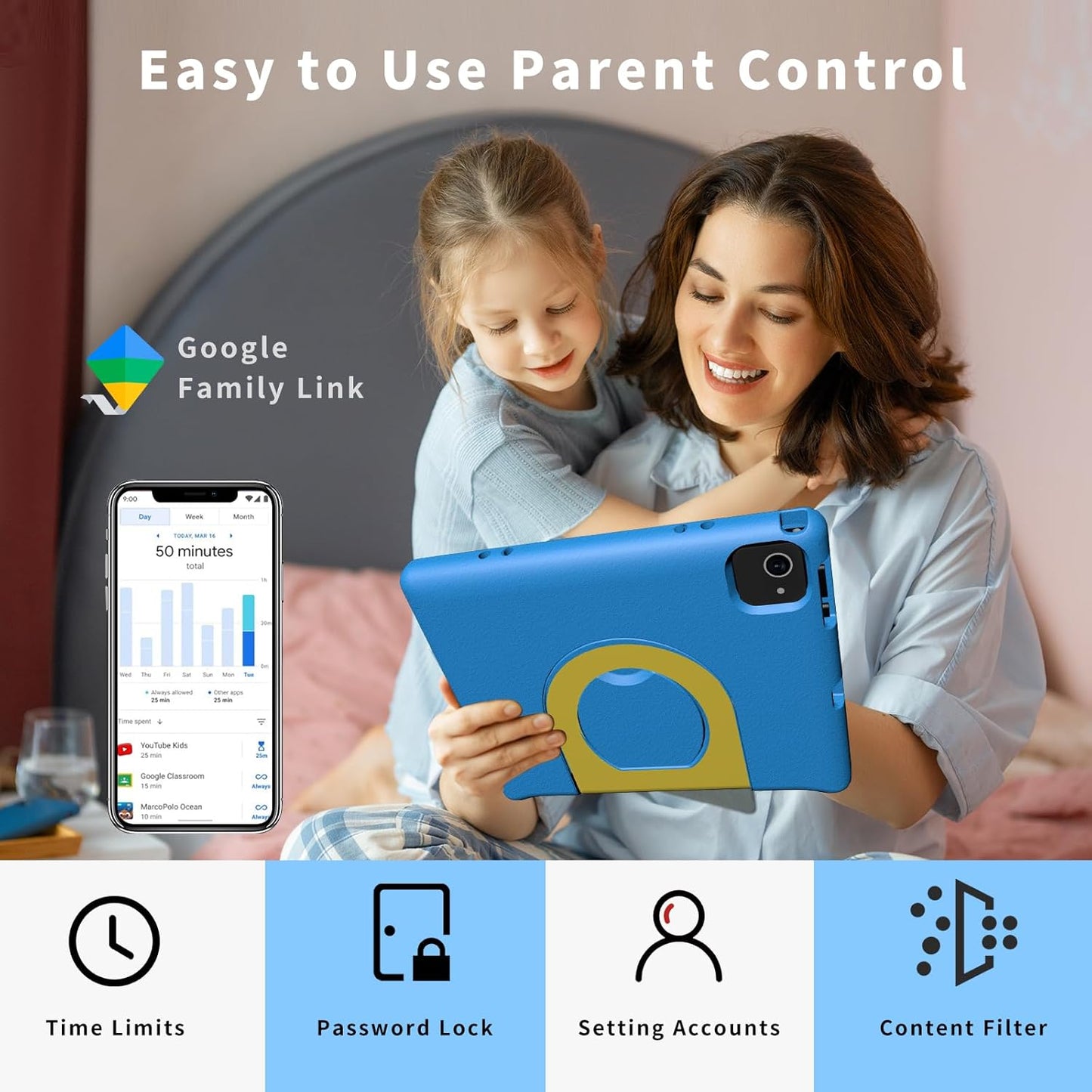 Kids Tablet with Strap, Android 14 Tablet for Kids 10 inch, Toddler Tablets Octa-Core 64GB 1TB Expandable, Children's Tablets with Case, Bluetooth WiFi Parental Control Dual