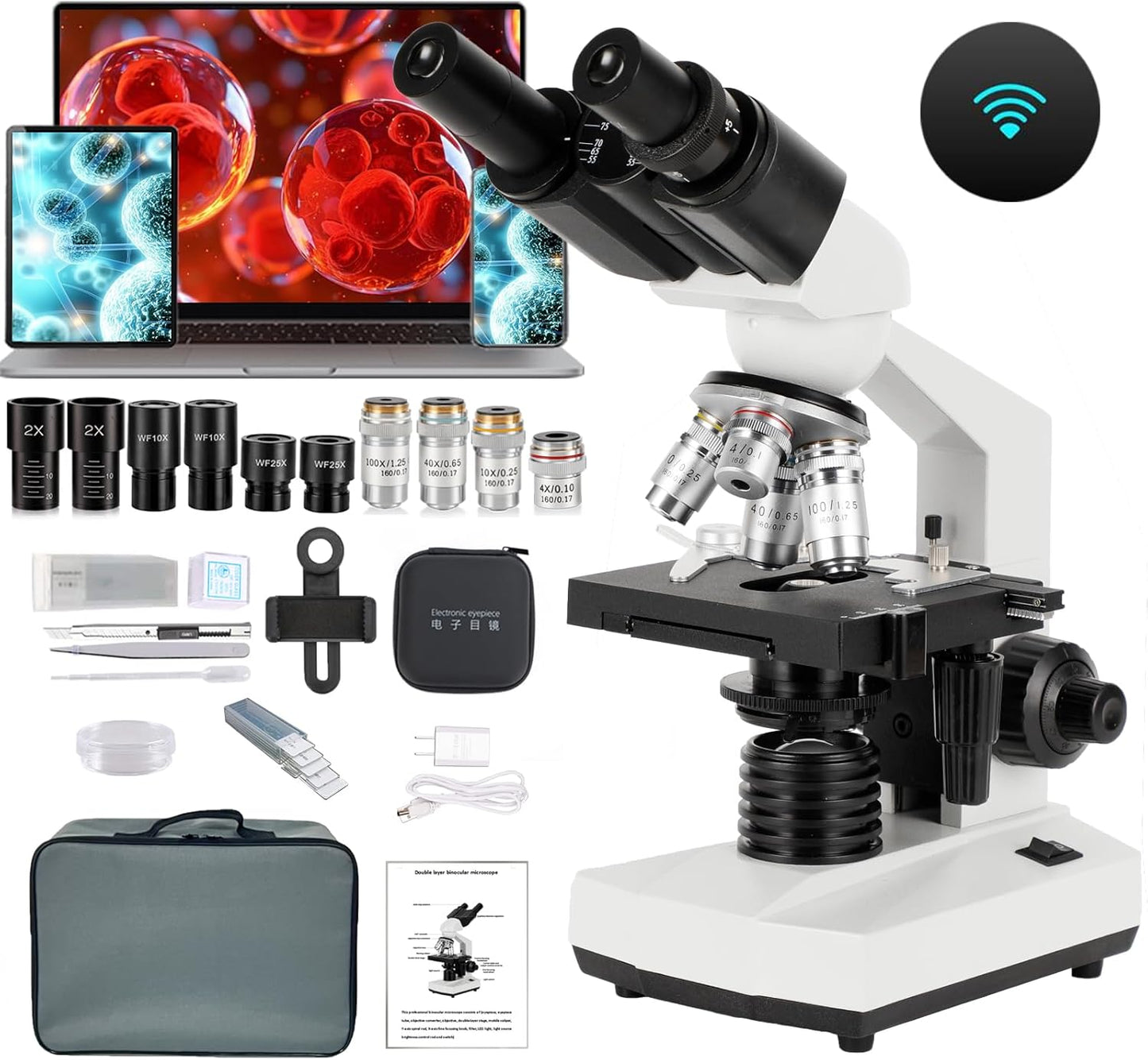 Binocular Compound Microscope, 40X-5000X Magnification, Wide-Angle Eyepiece WF10X WF25X, LED Light Source, XY axis Double-Layer Stage, Adult Microscope (Supports WiFi Wireless Connection)