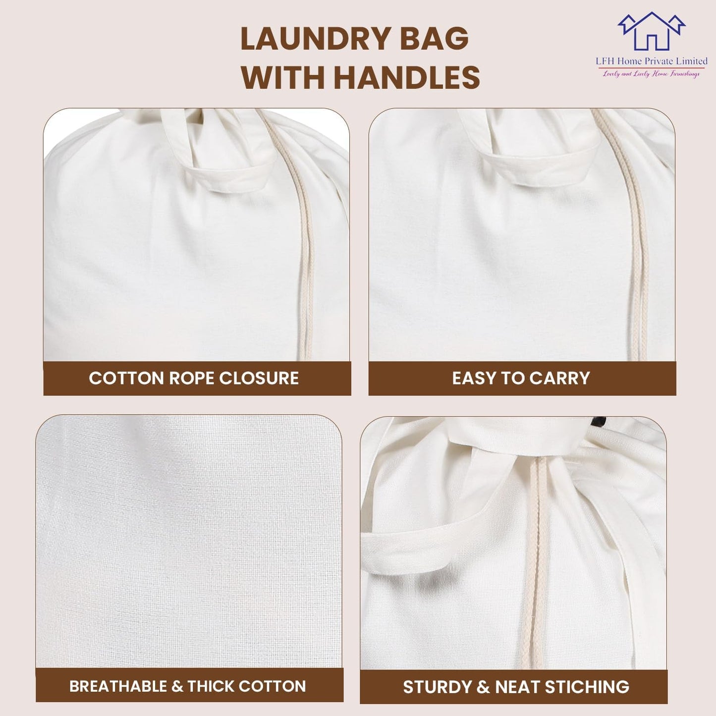 LFH Home Cotton Canvas Large Laundry Bag with Handle, Heavy Duty Drawstring Closure Washable Laundry Bags School Travel, Home, Hotel, College Dorm, Organizer Sack, Toys Clothes 20x30-White