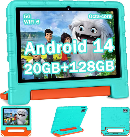 2025 Kids Tablet 10 inch Android 14 Tablets for Kid Octa-Core, 20GB+128GB (TF 1TB), Toddler Tablet with Shockproof Case, 2.4G+5G WiFi 6, Parental Control, Face Unlocked, Split Screen, BT5.0 (Green)