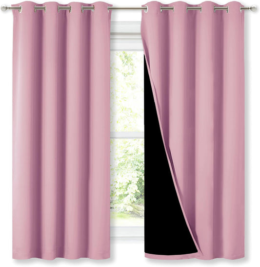 NICETOWN 100% Blackout Curtains with Black Liners, Thermal Insulated Full Blackout 2-Layer Lined Drapes, Energy Efficiency Window Draperies for Bedroom (Crystal Pink, 2 Panels, 52-inch W by 63-inch L)