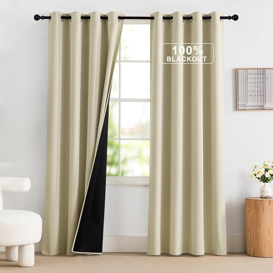 NICETOWN 100% Blackout Window Curtains 84 inches Long 2 Panels Set for Bedroom, Thermal Insulated Grommet Drapes, Room Darkening Curtain for Living Room(W52 x L84 Inch, Cream)