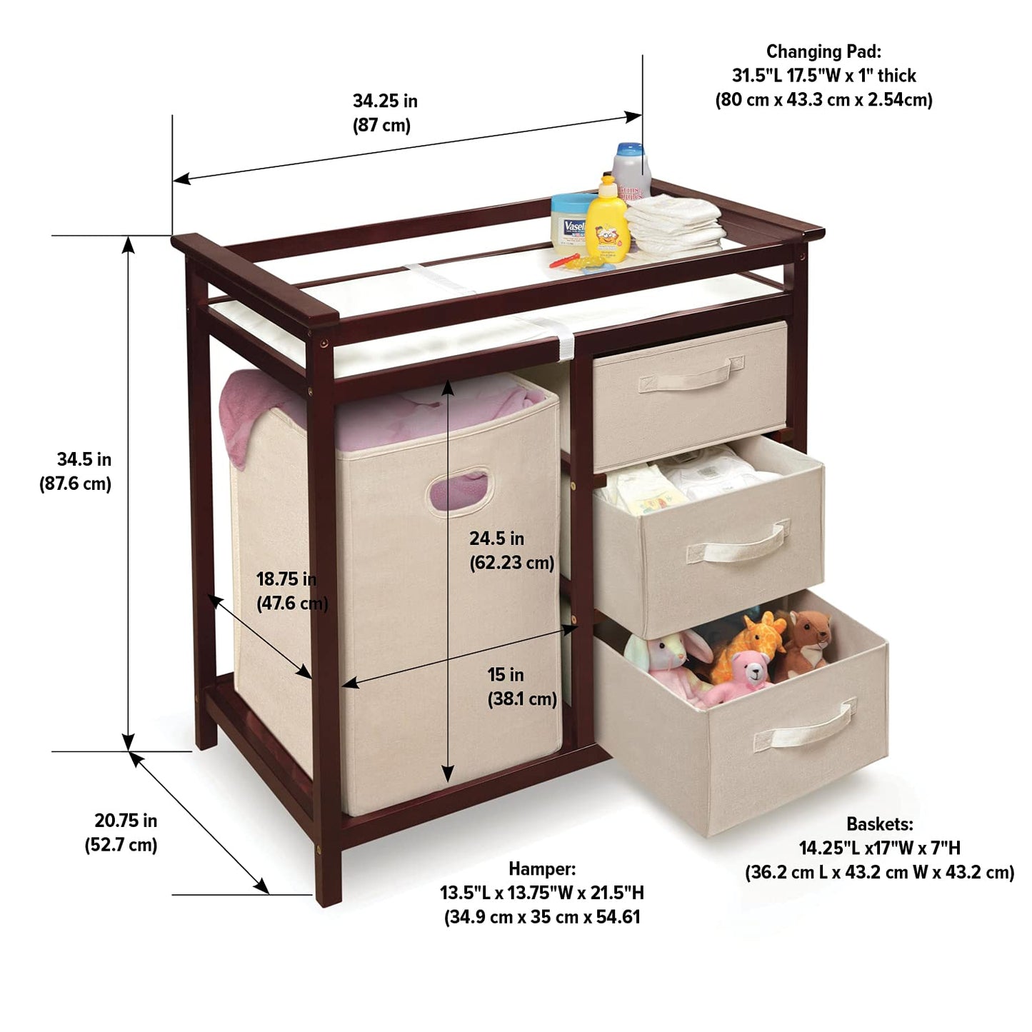 Badger Basket Modern Baby Changing Table with Laundry Hamper, 3 Storage Drawers and Pad, Diaper Change Station - Cherry/Ecru