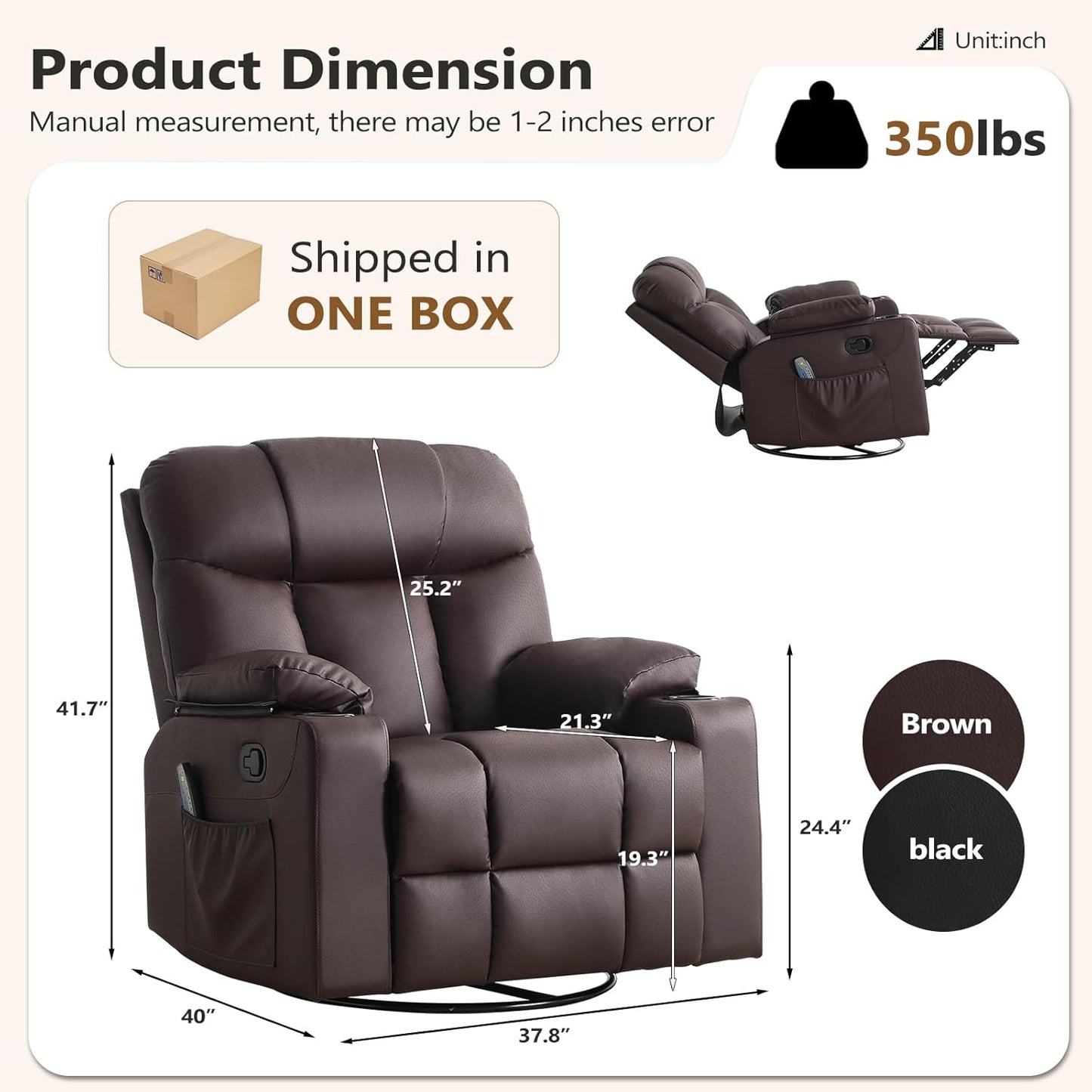 ANJ Swivel Rocker Recliner Chair Set of 3, Brown PU Leather, Manual 3-Position Reclining with Massage & Heat, Cup Holders for Living Room