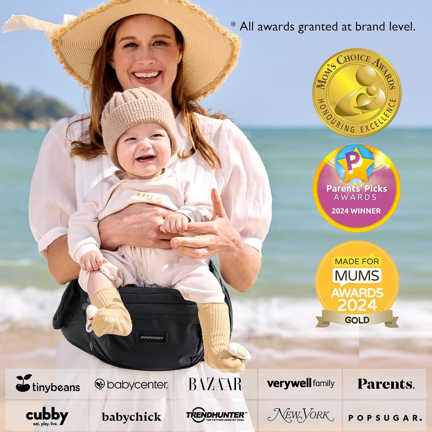 Momcozy Hip Seat Baby Carrier - Adjustable Waistband with Original 3D Belly Protector, Ergonomic Carrier with Various Pockets for Newborns & Toddlers up to 45lbs (Black, Medium)