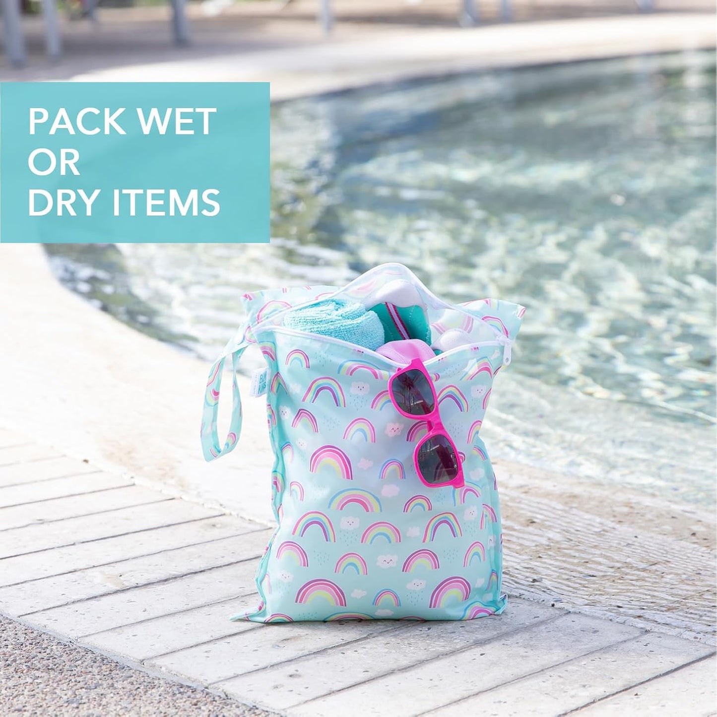 Bumkins - Waterproof Wet Bag - For Baby, Travel, Swim Suit, Cloth Diapers, Pump Parts, Pool, Gym, Toiletry, Strap to Stroller - Reusable & Easy to Clean - 2pk - Hearts & Rainbows