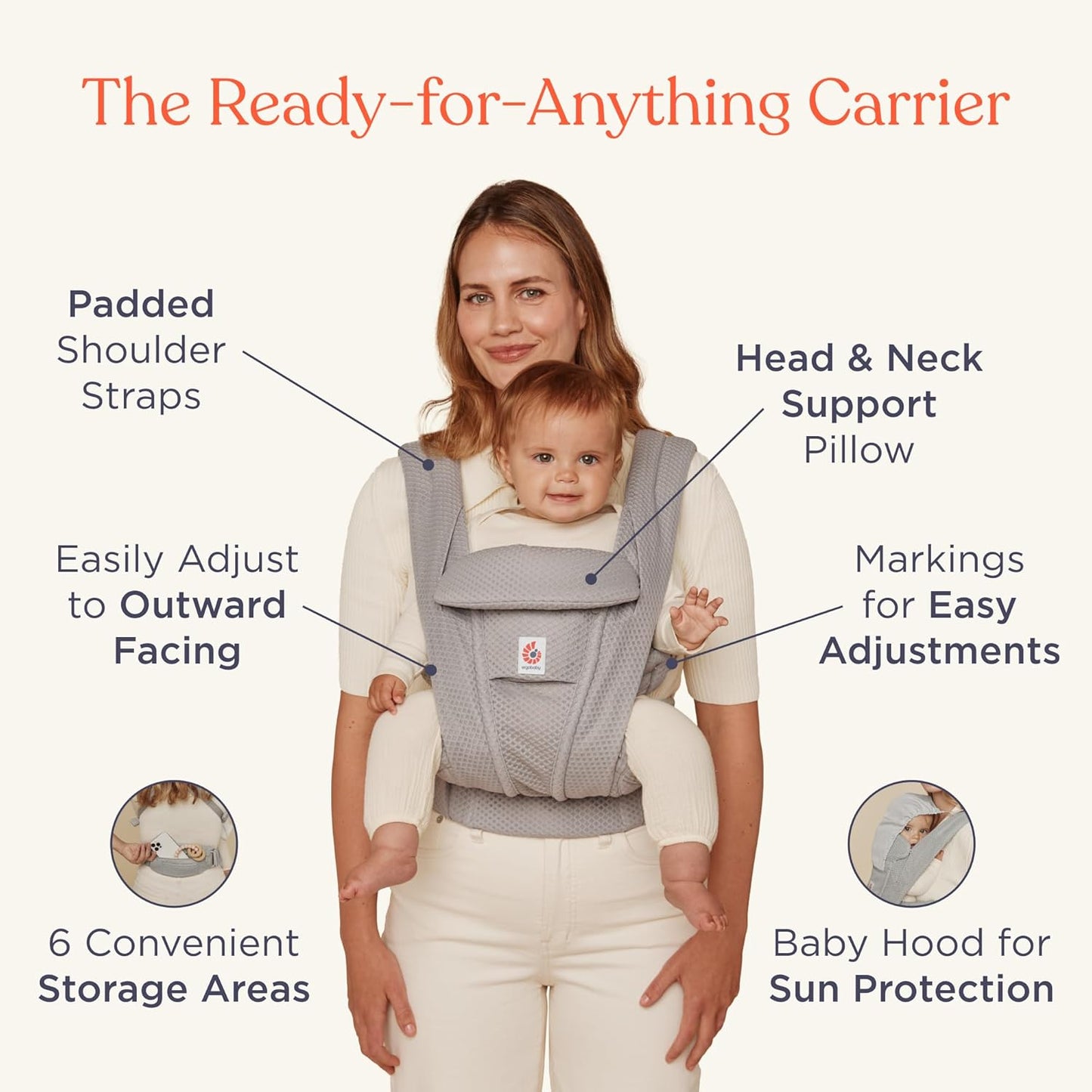 Ergobaby Omni Deluxe Baby Carrier Newborn to Toddler - Breathable Baby Carriers for Summer - All-Position Carrier with Enhanced Lumbar Support & Airflow (7-45 Pounds), Mesh, Pearl Grey