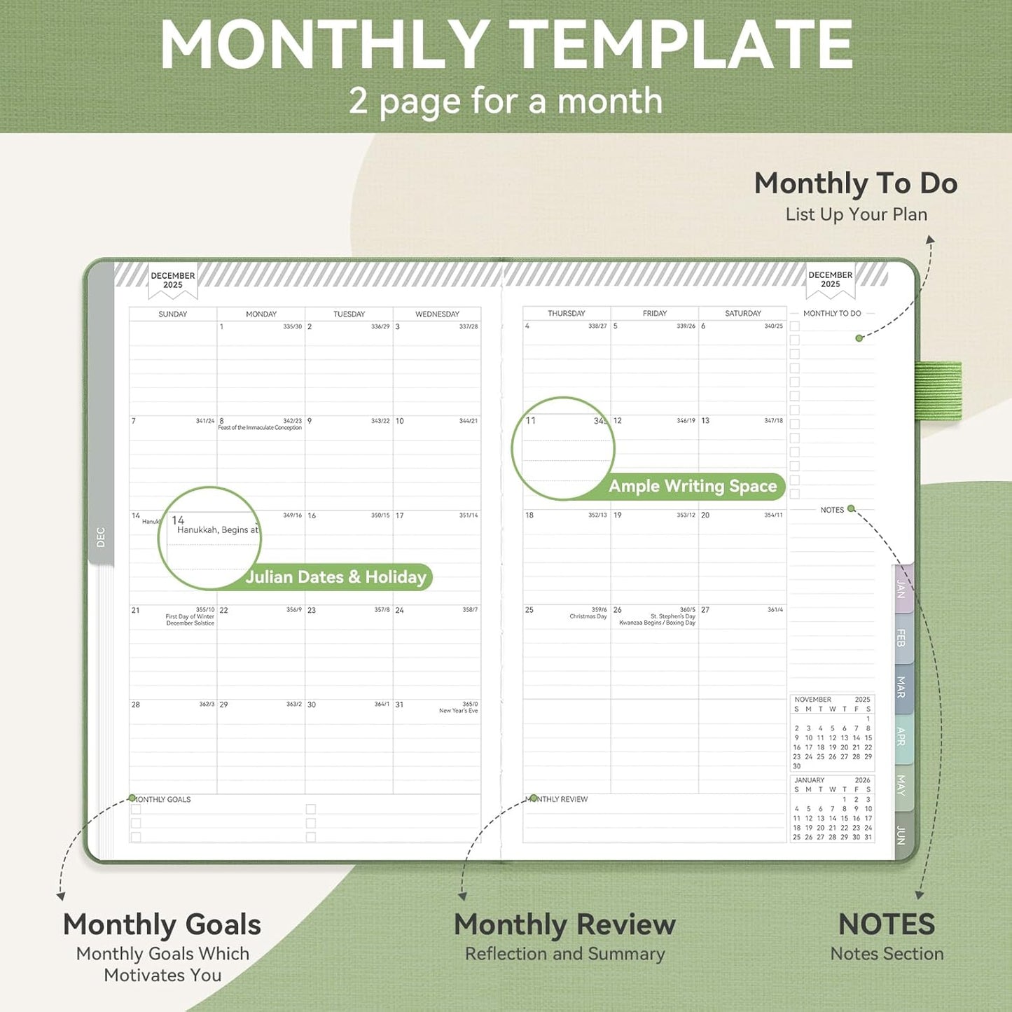 Getink Linen Cover 2025-2026 Planner Weekly & Monthly Daily Agenda Book,2025-2026 To Do List Notebook with Colorful Monthly Tabs, Inner Pocket, Elastic Closure (Green,7.3 * 10)