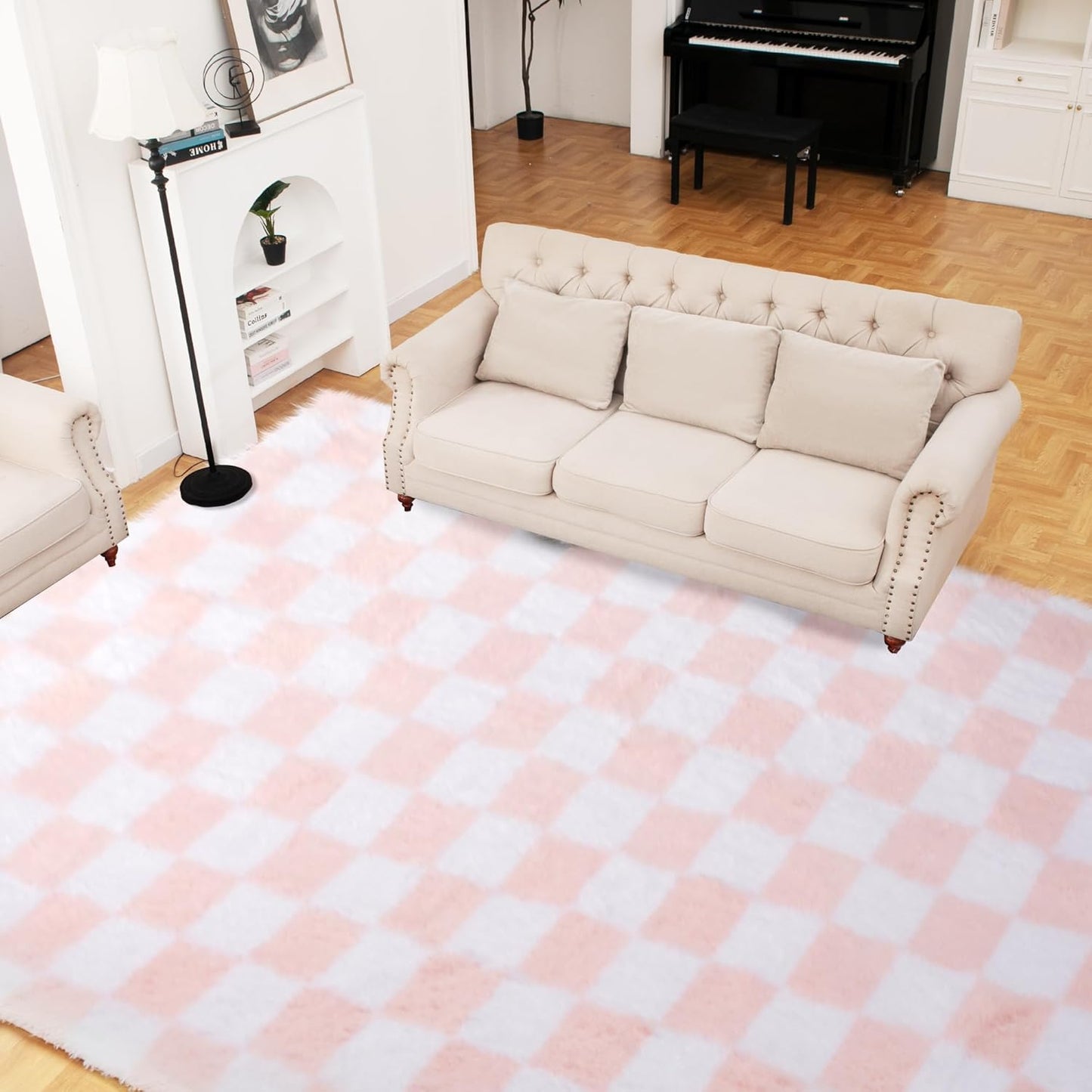 Super Soft Rug for Bedroom, 4x5.8 Ft Pink and White Area Rug Classic Checkered Shaggy Anti-Skid High Pile Soft Fluffy Rug Fuzzy Carpet for Living Room Bedroom Kids Room Nursery, Dorm Home Decor