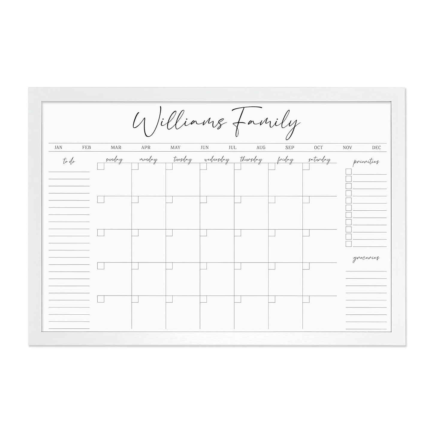 Personalized Dry Erase Wall Calendar with Custom To do list and Notes Organization Sections | Large Whiteboard Calendar (36" W x 24" H, White-Washed Frame)
