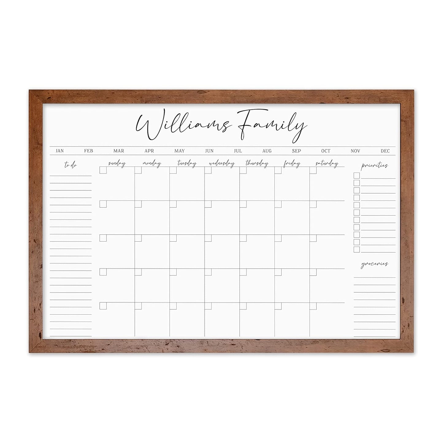 Personalized Dry Erase Wall Calendar with Custom To do list and Notes Organization Sections | Large Whiteboard Calendar (36" W x 24" H, Walnut Frame)