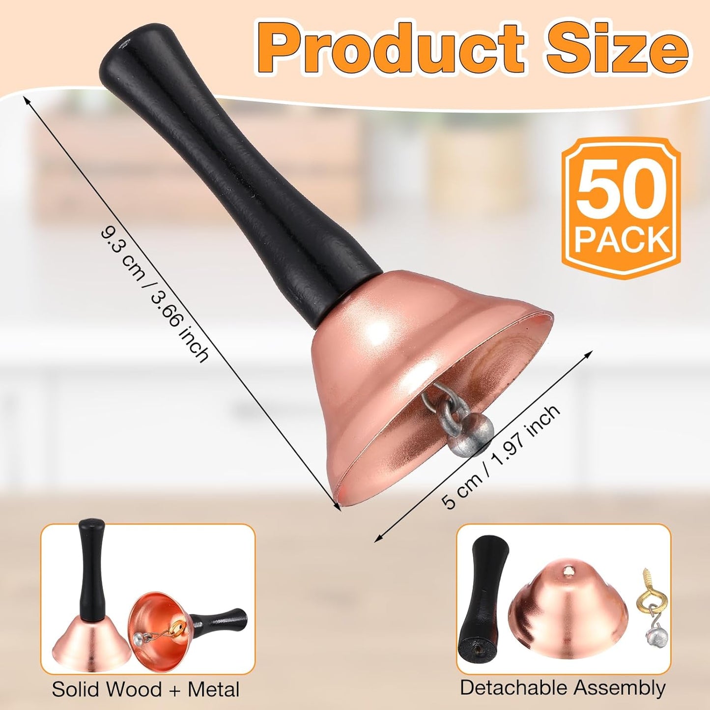 Yeshone 50 Pcs Loud Hand Bell Bulk Dinner Service Bell for Food Line Care for The Sick and Elderly Alarm Ringing Call for Pets Jingles Weddings Christmas Decoration(Rose Gold)