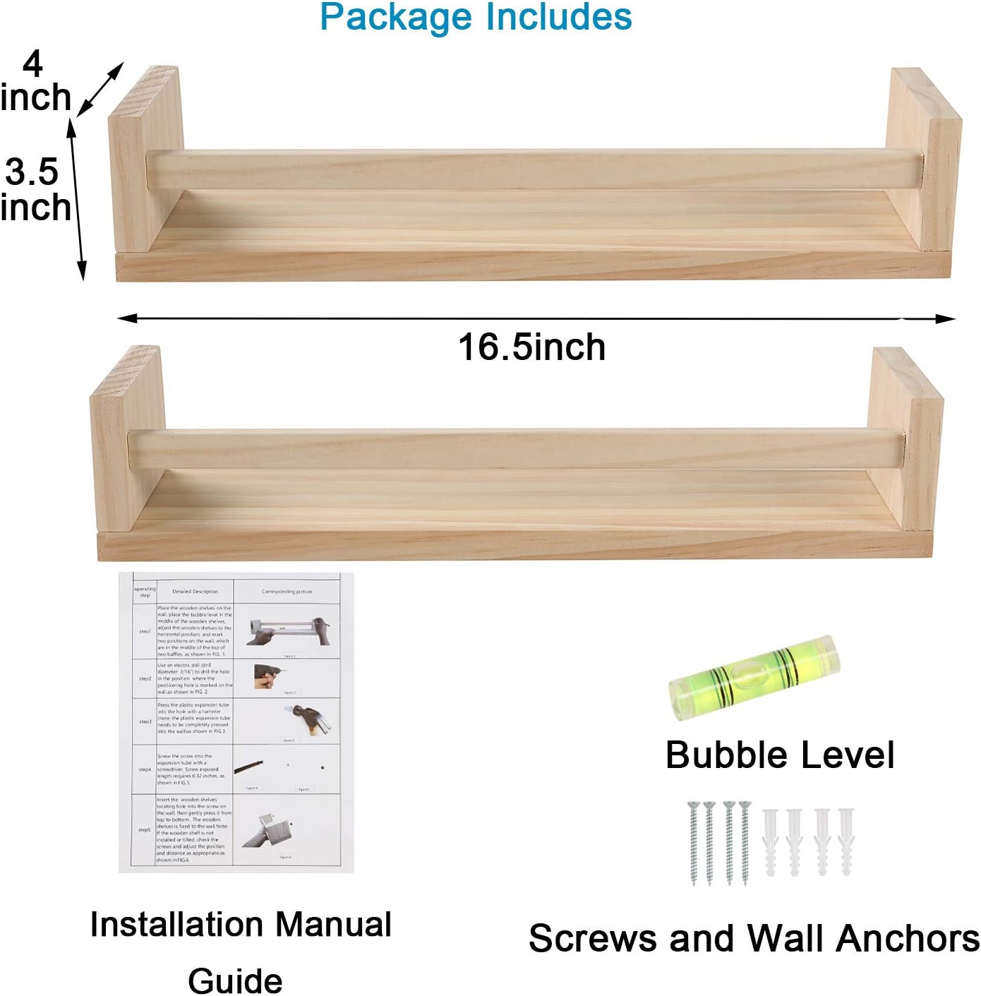 Nursery Floating Book Shelves for Kids Room, Kitchen Spice Rack, or Rustic Wall Mounted Shelves for Farmhouse Bathroom Decor (Natural Wood),Set of 2