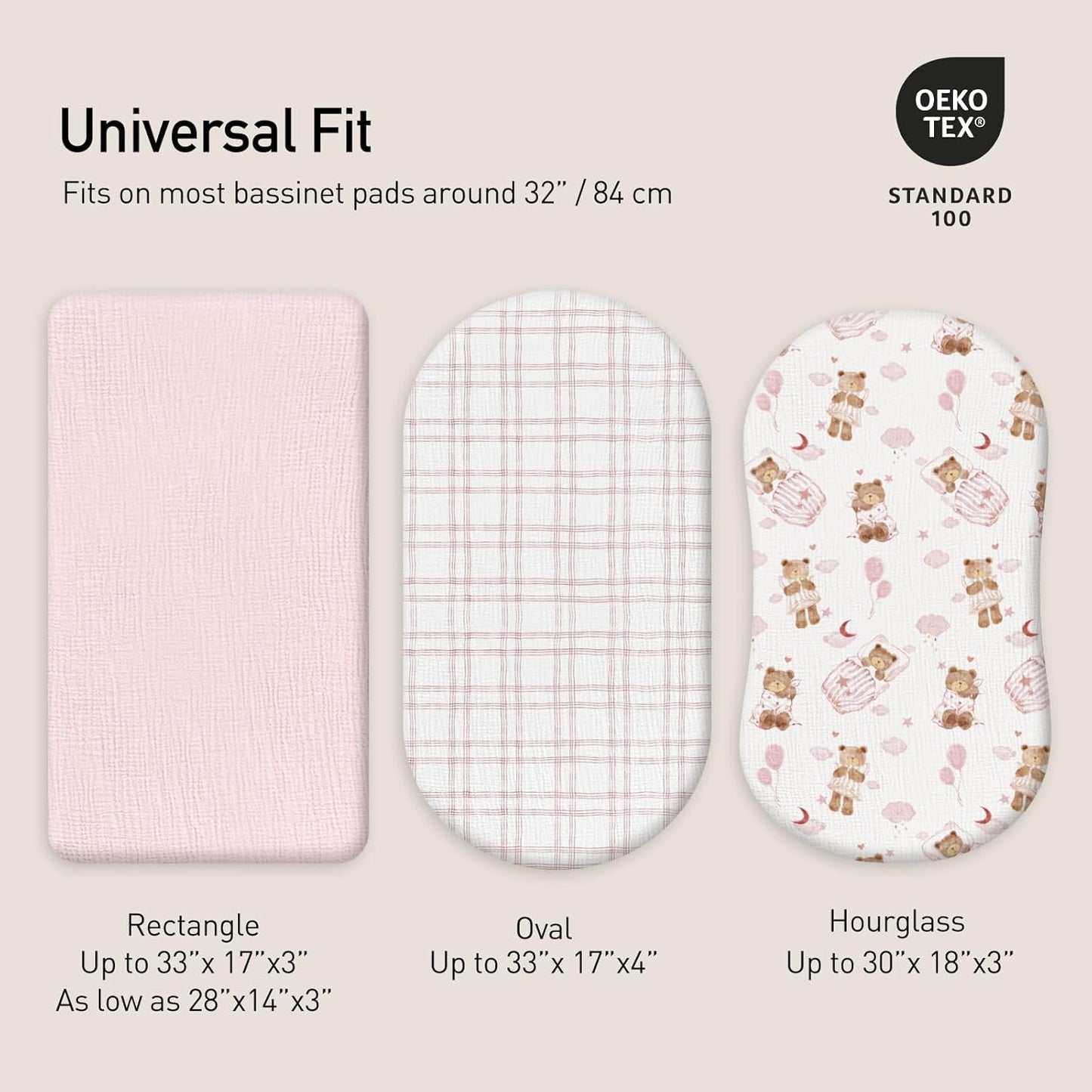 Gllquen Baby Muslin Bassinet Sheets 3 Pack, Breathable Elastic Cozy Fitted Cotton Bassinet Mattress Sheet for Baby Boy Girls, Fit for Hourglass Oval Rectangular Cradle Pad Sheets 33"x17" (Bear Dream)