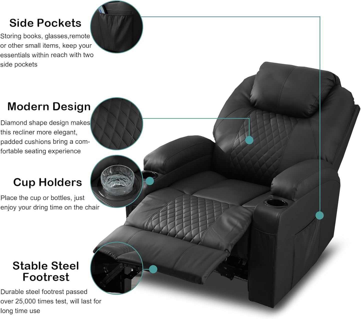 Power Recliner Chair with Heat and Massage for Adults - Home Theater Seating with LED Lights,Cup Holders,Side Pocket,USB Port - Recliner Sofa for Living Room(Black, Single Recliner)