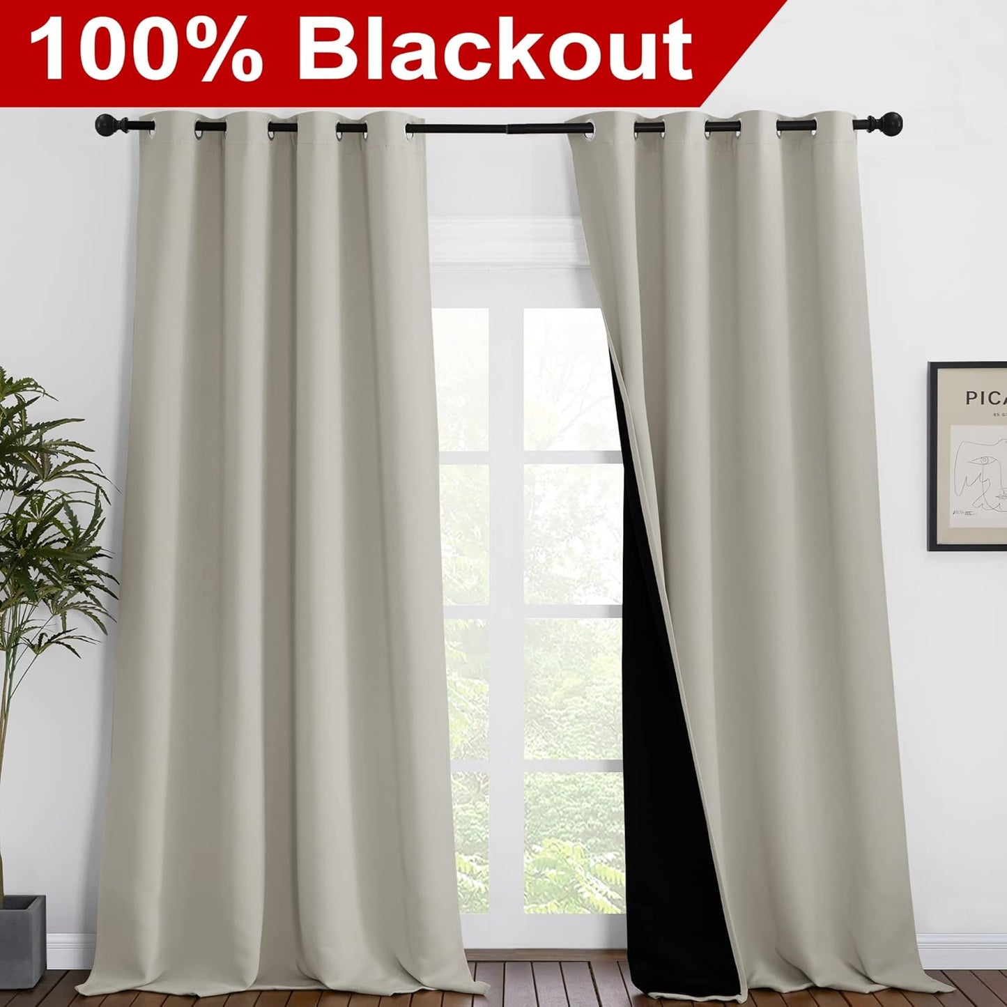 NICETOWN Full Shading Curtains for Windows, Super Heavy-Duty Black Lined Blackout Curtains for Bedroom, Privacy Assured Window Treatment (Natural, Pack of 2, 55 inches W x 102 inches L)