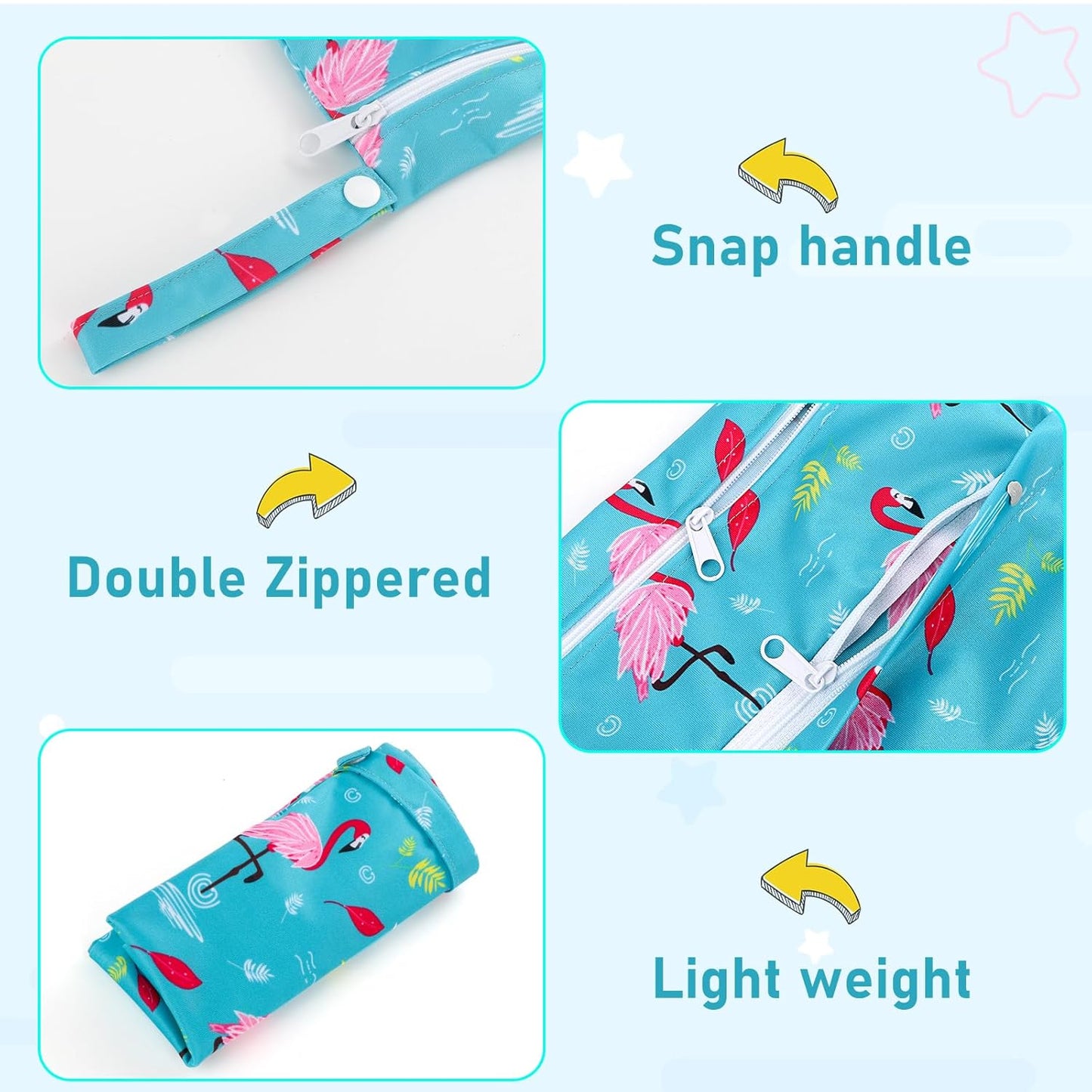 Angel Love Wet Bags for Baby, 3 Pack Wet Dry Bags for Baby Cloth Diaper, Wet Bathing Suit Bag Waterproof with Two Zippered Pockets, Washable Wet Bag for Swimsuit Travel Beach Pool Gym for Wet Clothes