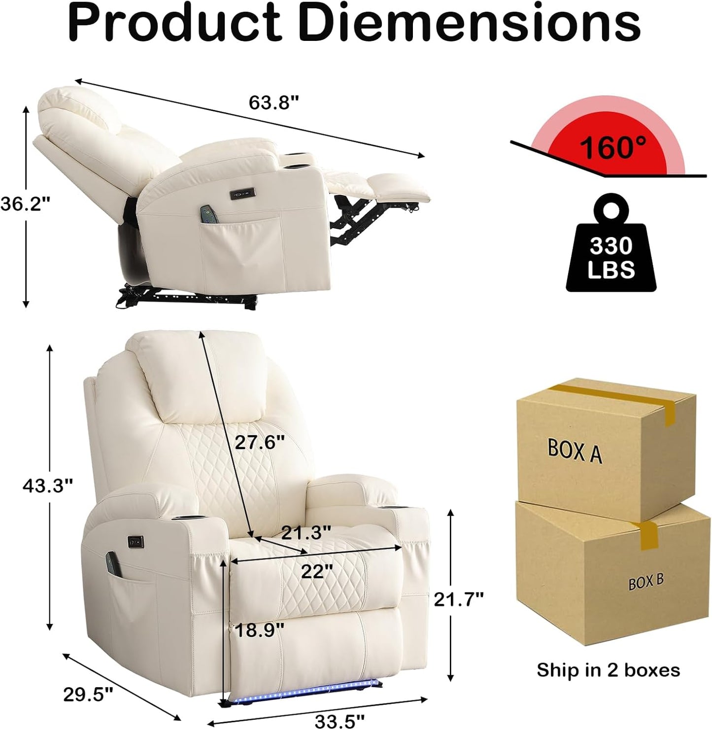 Power Recliner Chair with Heat and Massage for Adults - Home Theater Seating with LED Lights,Cup Holders,Side Pocket,USB Port - Recliner Sofa for Living Room (Beige, Set of 2)