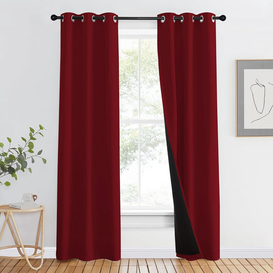 NICETOWN 100% Blackout Curtains with Black Liner Backing, Thermal Insulated Curtains for Living Room, Noise Reducing Drapes for Christmas, Burgundy Red, 37" x 80" Per Panel, Set of 2