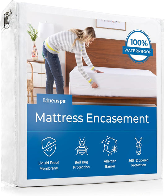 Linenspa Zippered Mattress Encasement – Queen Size Waterproof Mattress Protector – Quiet Cover & Complete protection – Dorm Room Essentials, White