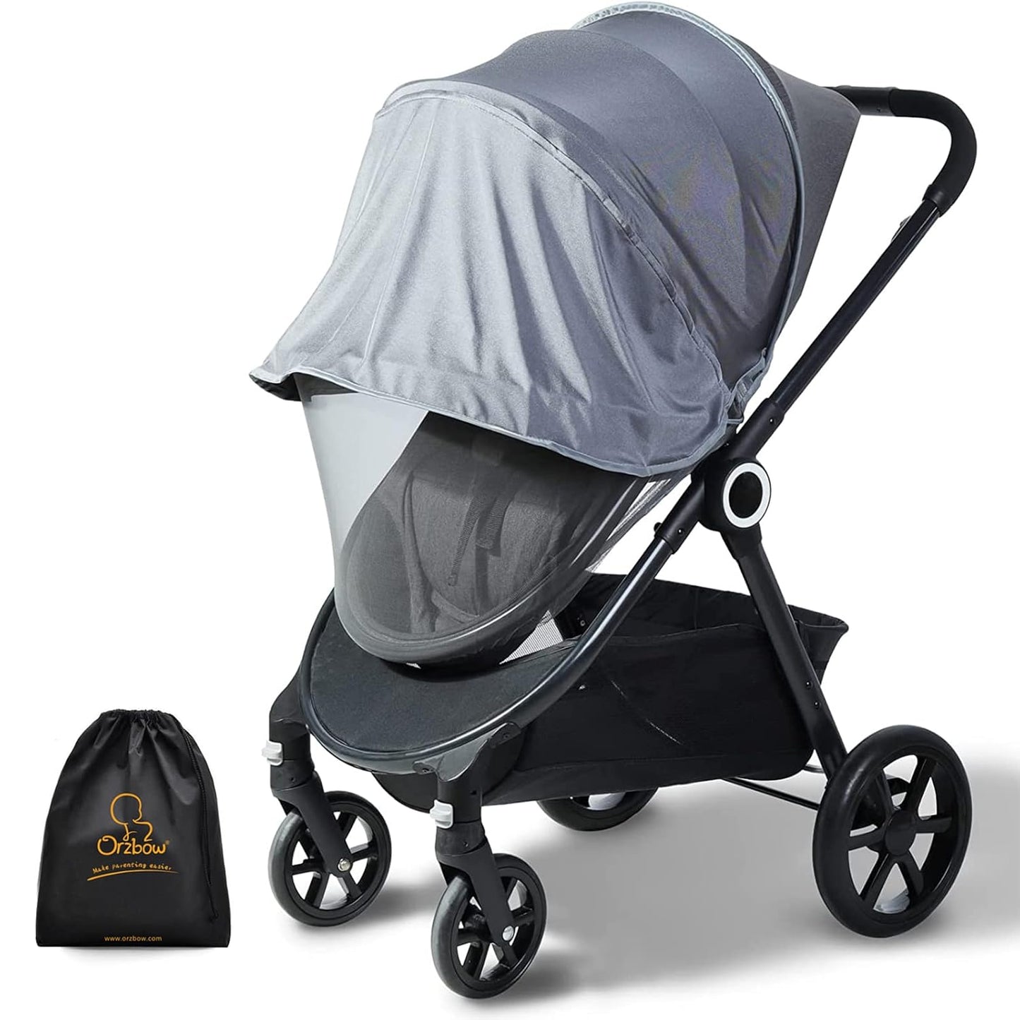 Orzbow 2-in-1 Baby Mosquito Net with UPF50+ Sunshade for Stroller, Breathable Stroller Mosquito Netting Privacy Cover with Two-Way Zipper & Storage Bag for Bassinet, Car Seat & Carrycot, Grey