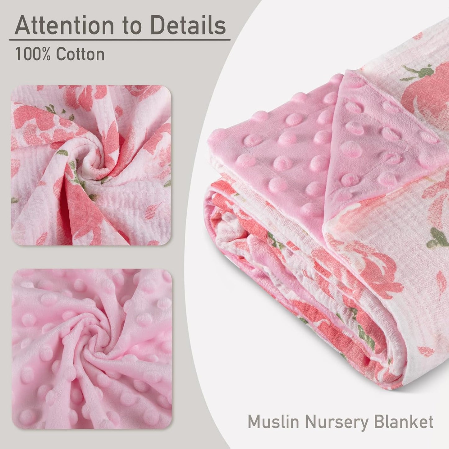GLLQUEN BABY Blankets for Unisex Boys Girls, 2-Pack Muslin Cotton Front Soft and Breathable,and Dotted Fleece Backing, Printed Bed Nursery Minky Blankets for Newborn, Pink Flower,30 x40 inches