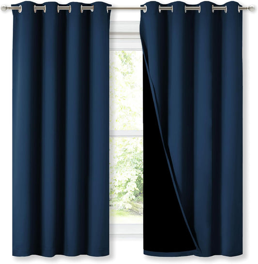 NICETOWN 100% Blackout Curtains with Black Liners, Thermal Insulated Full Blackout 2-Layer Lined Drapes, Energy Efficiency Window Draperies for Bedroom (Moroccan Blue, 2 Panels, 52" W by 63" L)