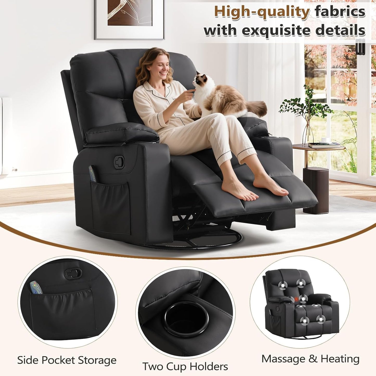 ANJ Swivel Rocker Recliner Chair Set of 3, Black PU Leather, Manual 3-Position Reclining with Massage & Heat, Cup Holders