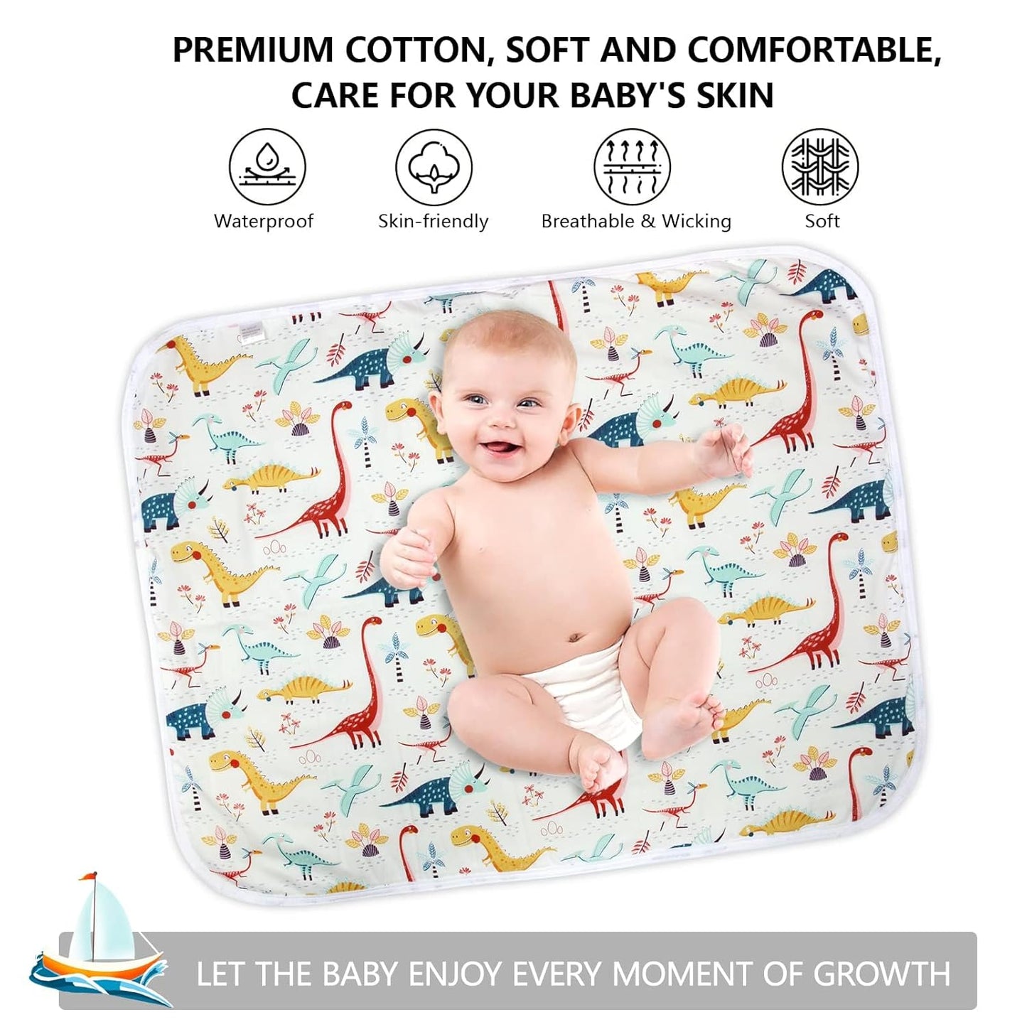 Diaper Changing Pads for Baby, Dinosaur Change Mat, 3Layers Waterproof Change Pad Foldable Absorbent Mats for Women, Reusable Incontinence Underpads for Patient 24''x30''