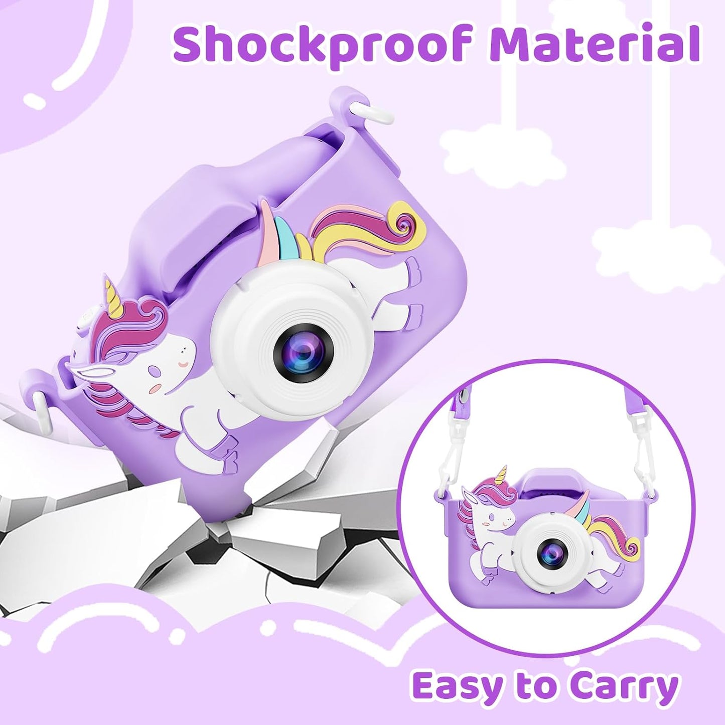 Kids Camera, Toys for Toddlers Age 3-8 Year Old Girl Christmas Birthday Gifts, Children Digital Camera with Cartoon Soft Silicone Cover and 32GB Card (Violet)