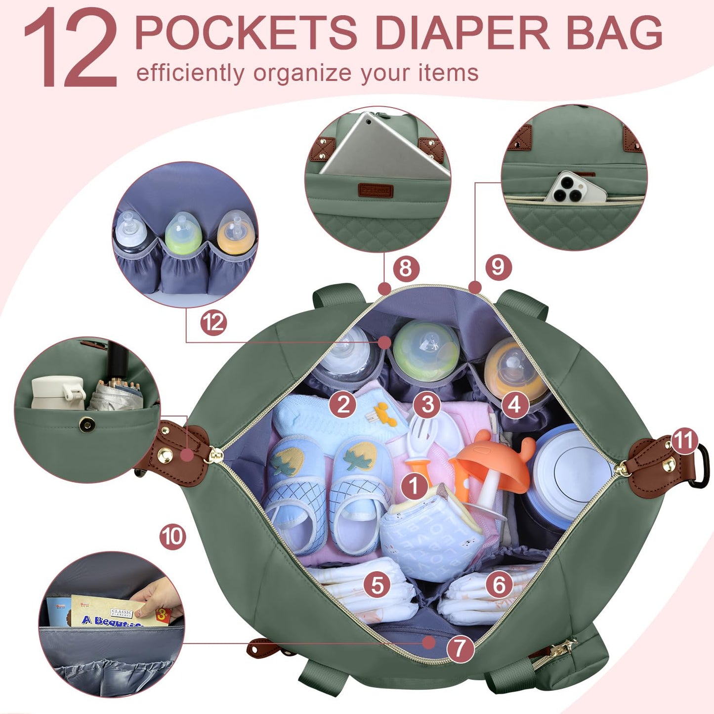 Diaper Bag Tote - Diaper Baby Bags with Pacifier Case, Shoulder Straps, Stroller Clips, Waterproof Large Mommy Maternity Travel Baby Bag for Mom and Dad, Green, Medium