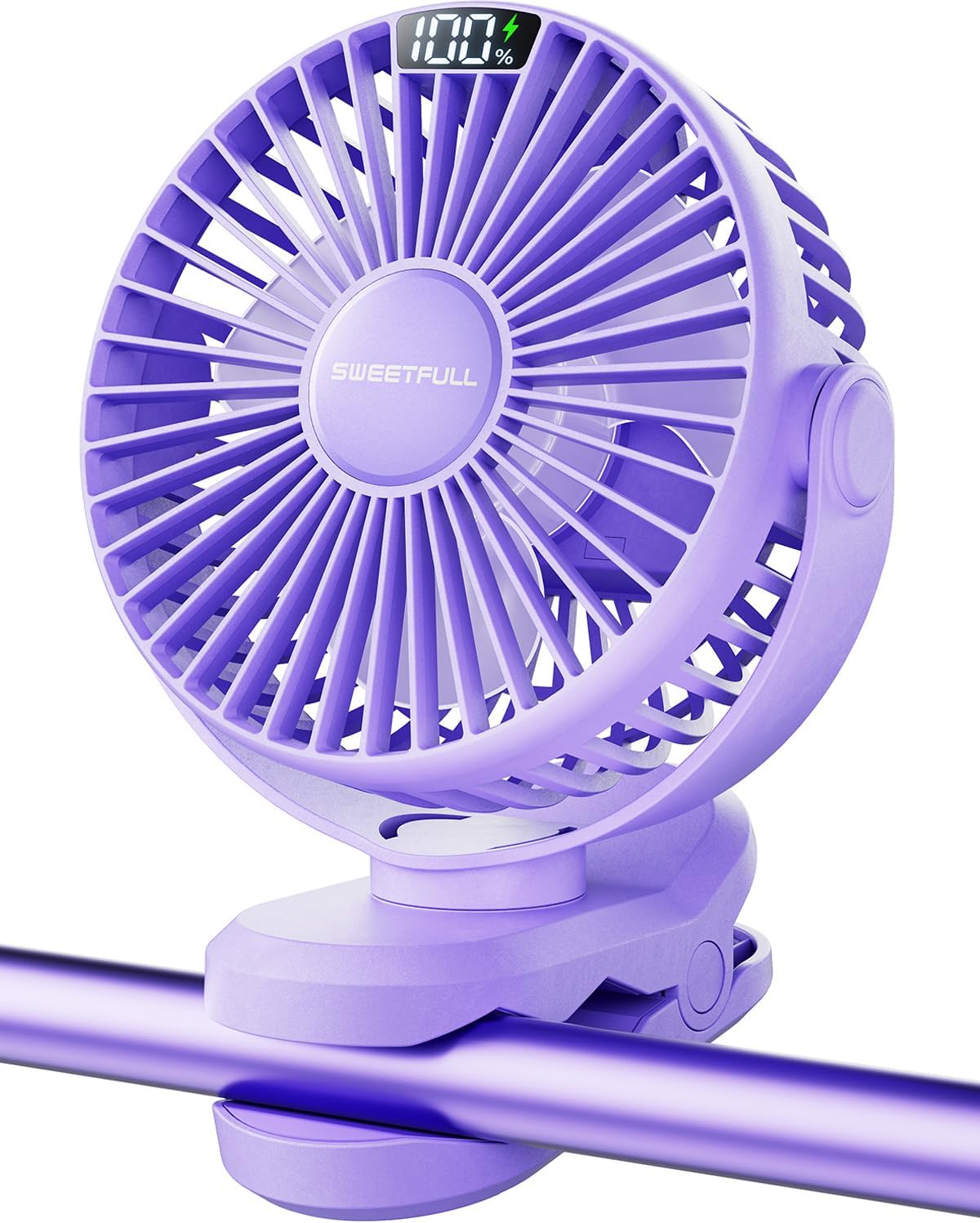 SWEETFULL Portable Clip on Fan - Battery Operated Stroller Fan, 4000mAh Small Rechargeable Fans with LED Display, 4 Speeds, Mini Personal Cooling Desk Cooler for Golf Cart Travel Camping Gym (Purple)