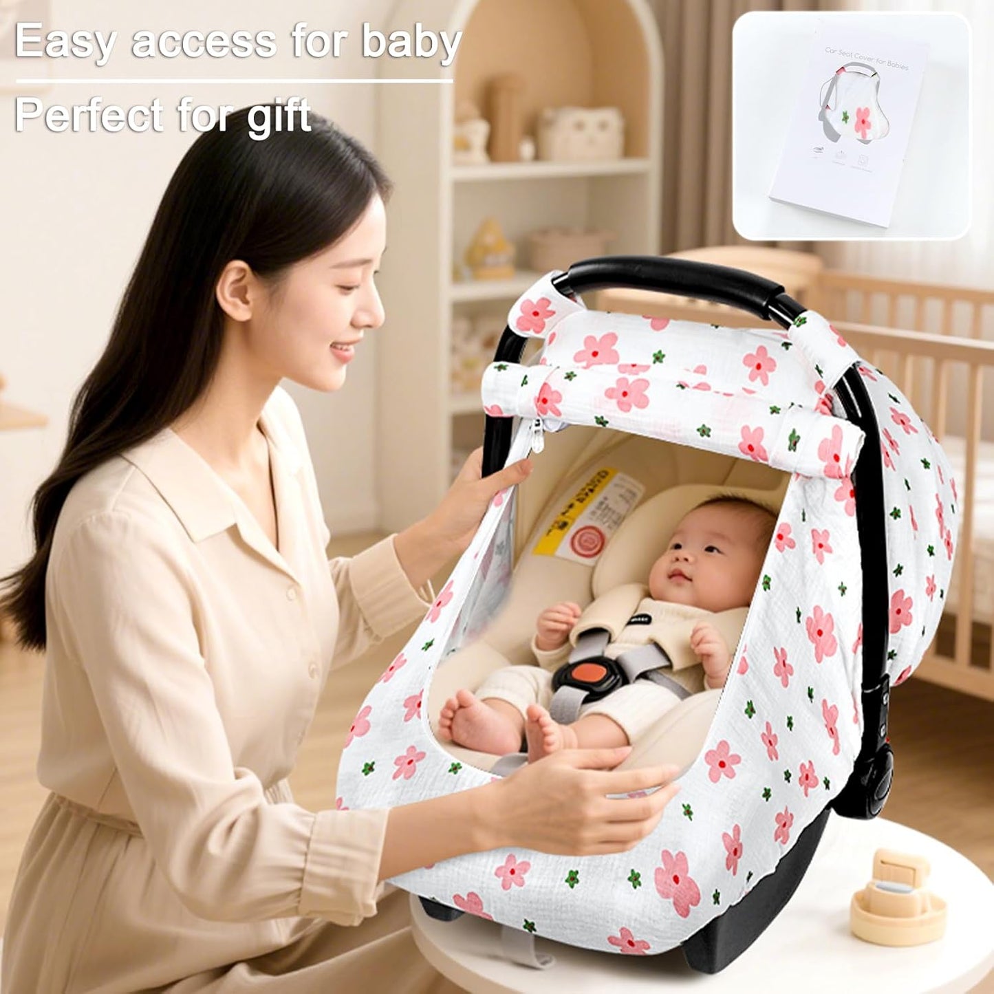 Hooyax Muslin Car Seat Cover Baby - Breathable and Privacy Car Seat Canopy with 3 Modes - Easy Install & Gift Box Packaging, Universal Fit for Infant Car Seats, Pink Flower