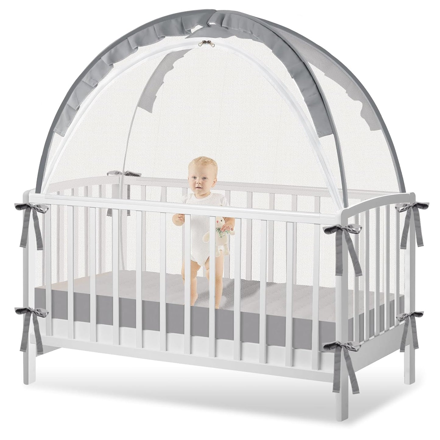 Crib Tent to Keep Baby from Climbing Out - Crib Net to Keep Baby in - Pop Up Breathable Cribs Cover - Canopy with Upgrade Strong Mesh and Durable Zipper (Grey, Lager)